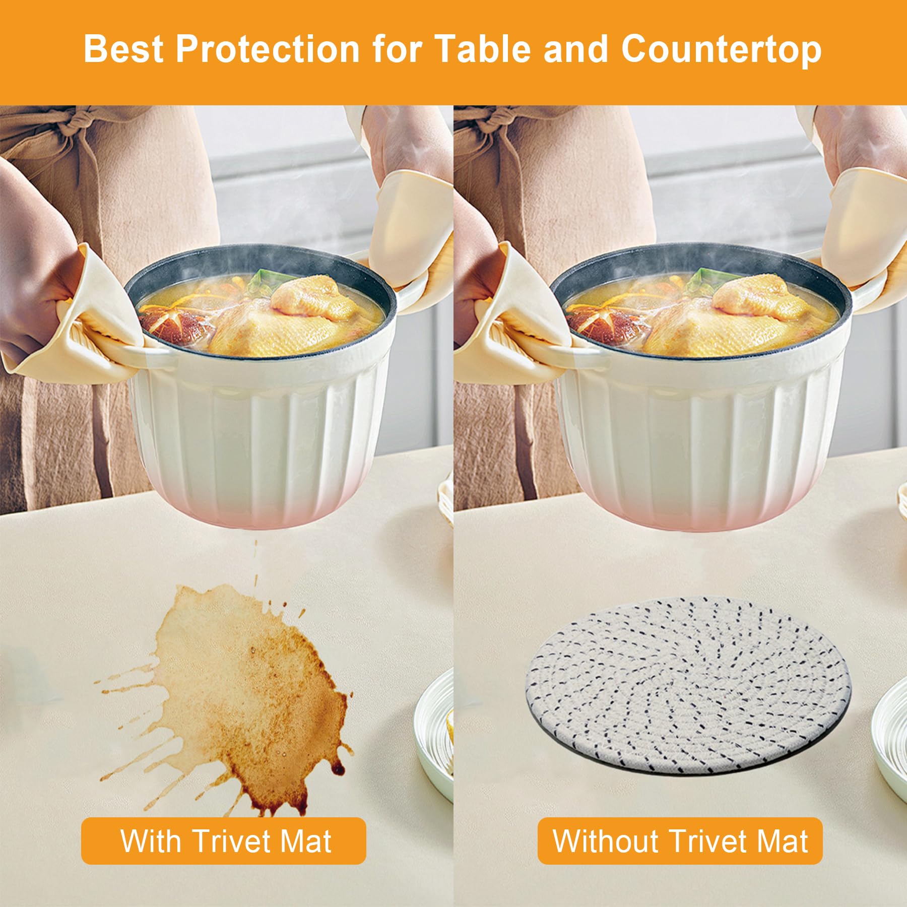 8 Inch Heat Resistant Trivets for Hot Dishes, Pots & Pans - Set of 6 Large Kitchen Coasters - Gray Table Decor for Dining, Serving & Home Protection