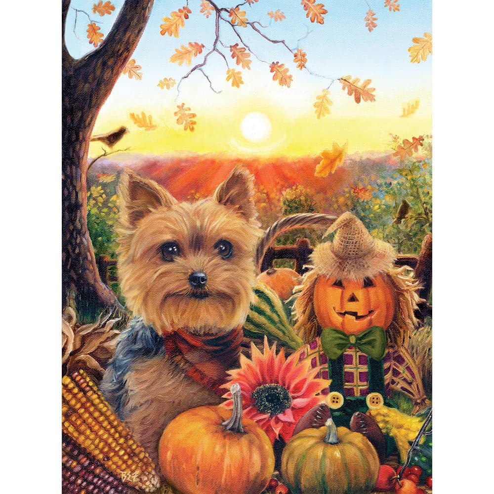 500 Piece Jigsaw Puzzle for Adults - Pumpkin Sunrise Yorkie Dog Autumn Fall Scarecrow Corn Art by Brooke Faulder - 18