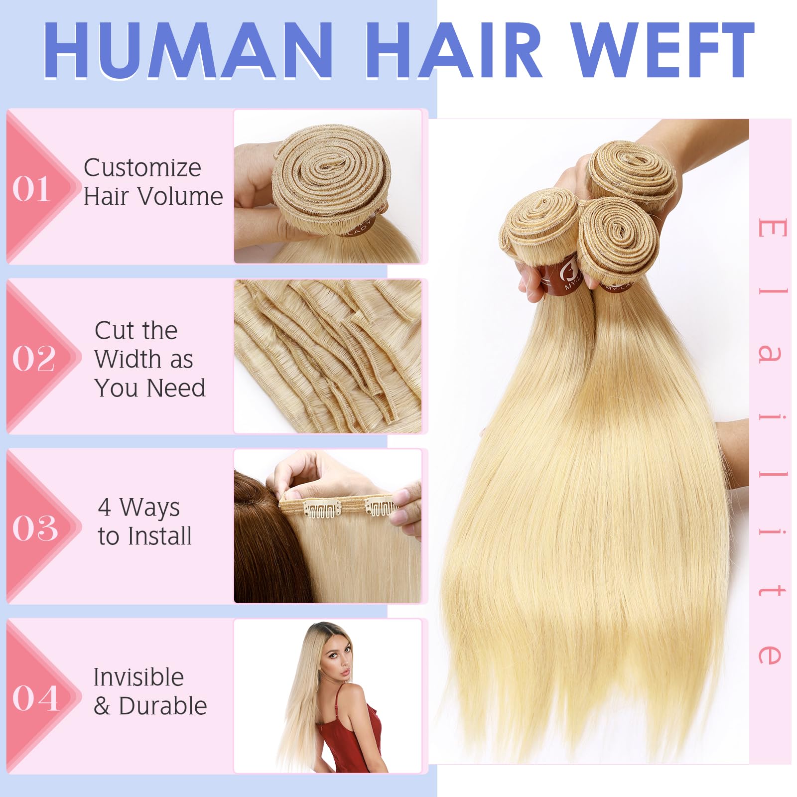 Elailite 100% Real Human Hair Weave Bundles - #613 Bleach Blonde Straight Hair Extensions (18 Inch, 100g) for Stunning Blonde Looks - Perfect for Daily Wear, Parties & Special Occasions
