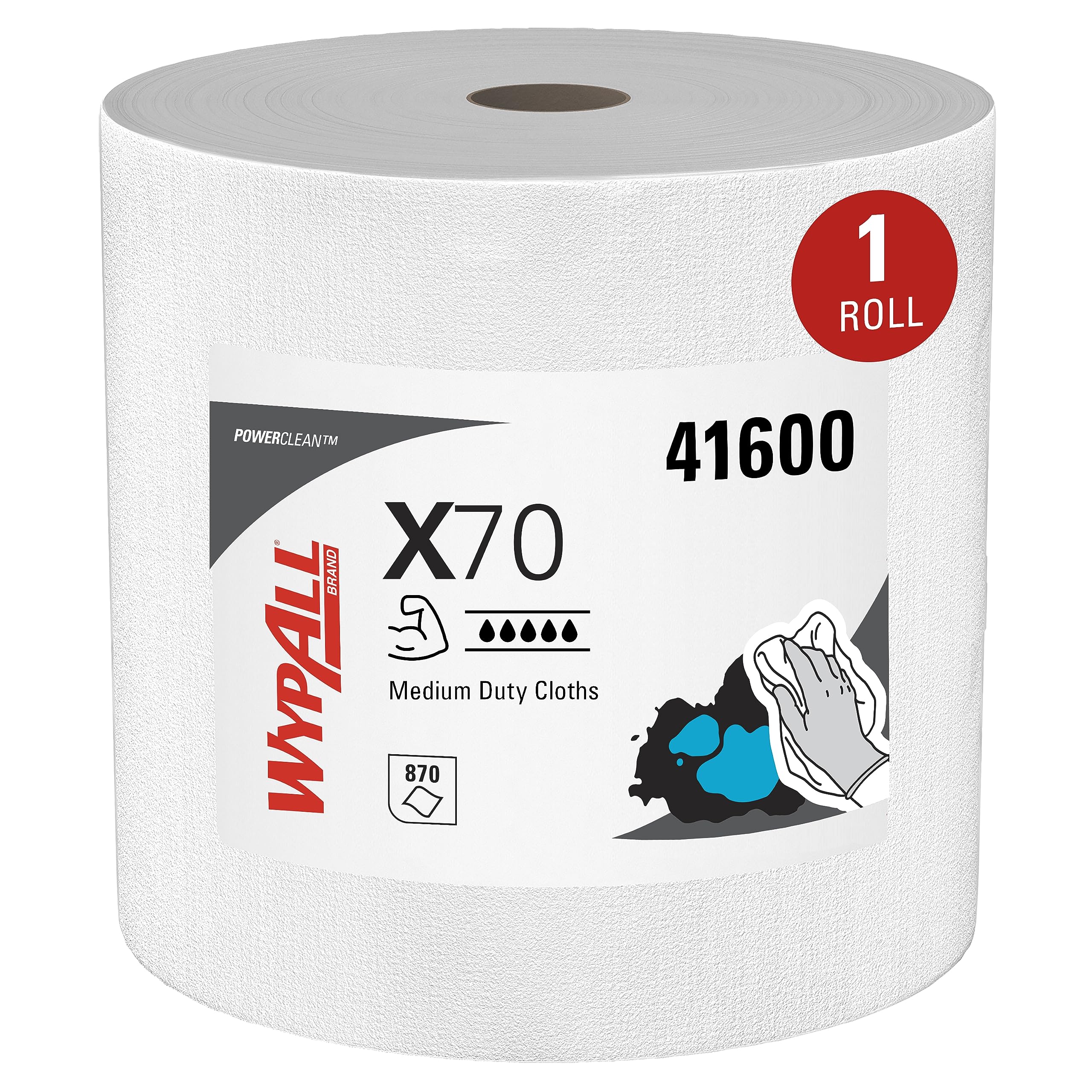 WypAll PowerClean X70 Medium Duty Cleaning Wipes - 1 Jumbo Roll (870 Sheets) | Durable, Absorbent White Towels for Industrial, Garage & Workshop Use