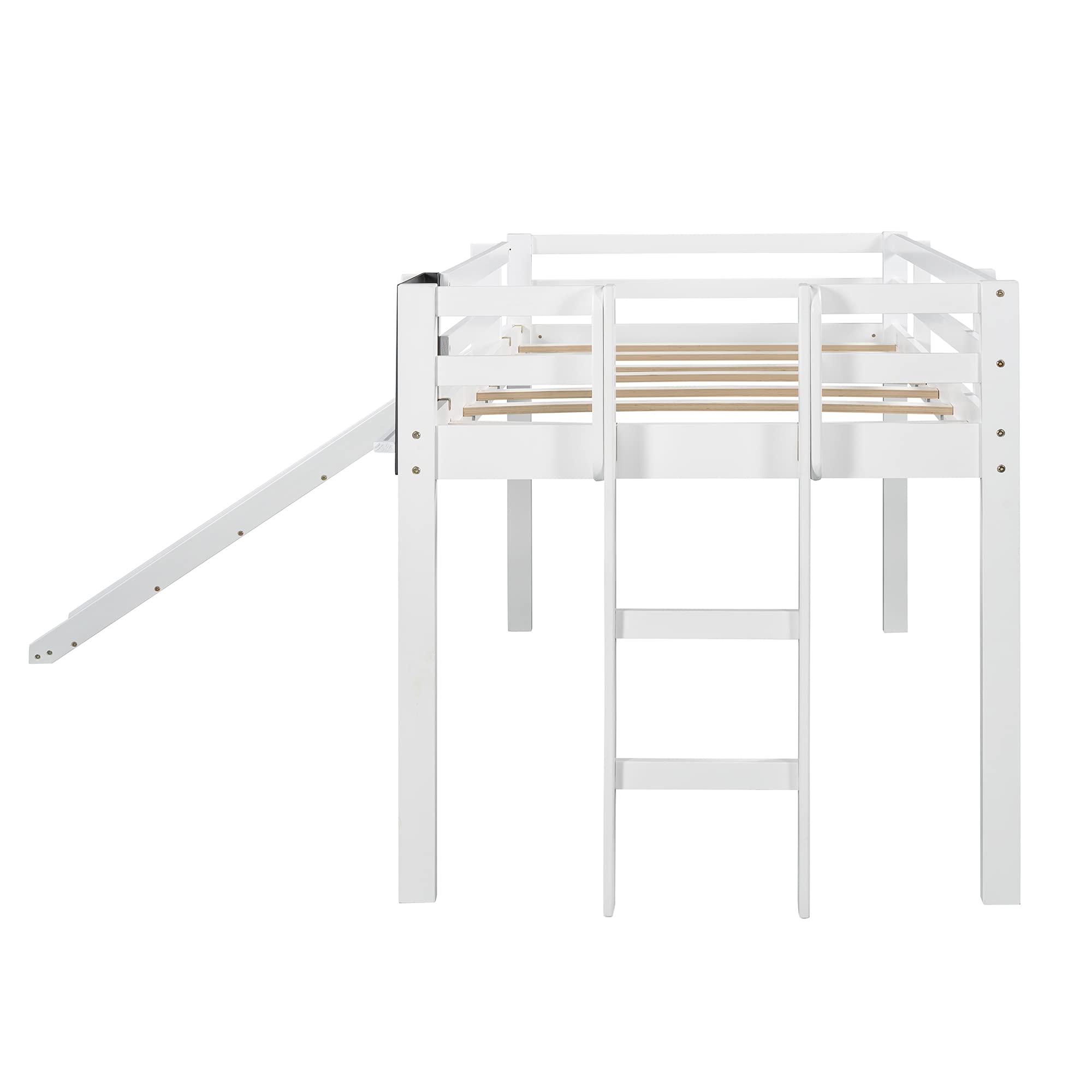 **White Twin Size Loft Bed with Slide, Stairs & Chalkboard - Kids Play & Study Space for Small Rooms, Dorm, or Bedroom**