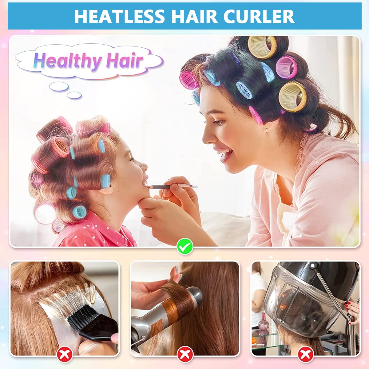 MAYCREATE® Heatless Hair Curler Roller Kit - 3 Sizes Self-Grip Magic Hair Rollers for Long, Medium & Short Hair with 6 Bang Clips & Stainless Steel Comb | No Heat Curling for Natural Waves & Overnight Styling