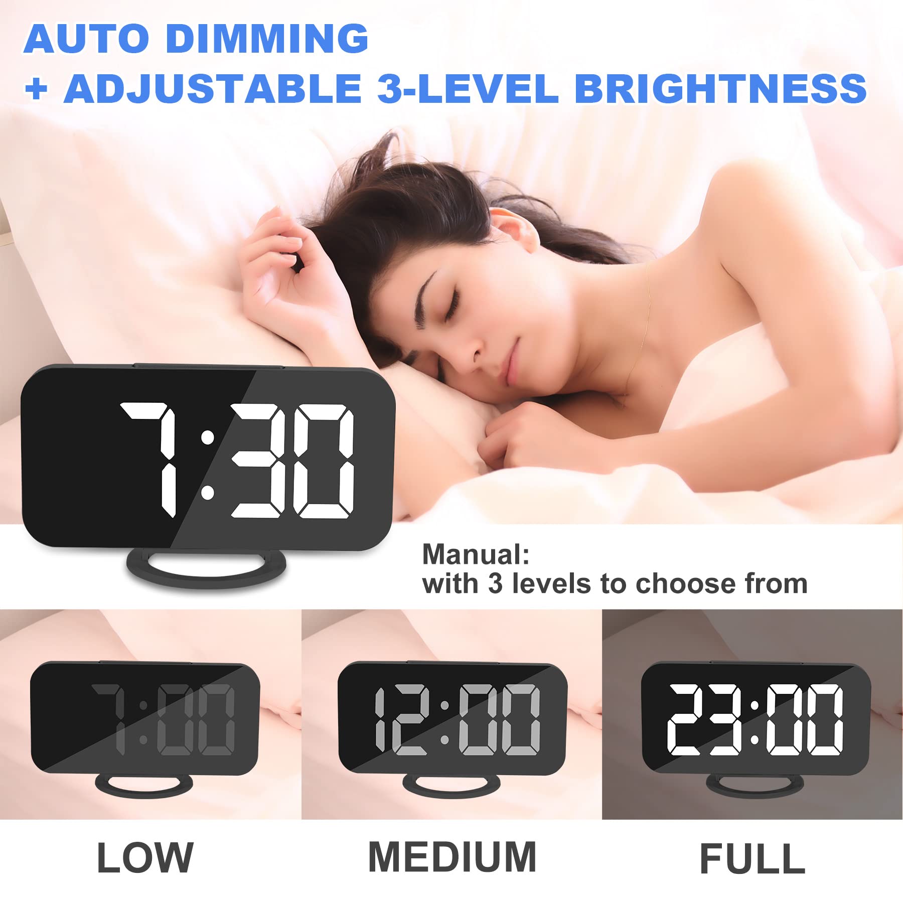 YGdigital 6.5 Inch LED Mirror Digital Alarm Clock with USB Charging Ports - Adjustable Brightness, Snooze Function, 12/24H Display for Bedroom, Home & Office Use (Black) | Perfect Nightstand Clock with Charging Station for Phones & Tablets