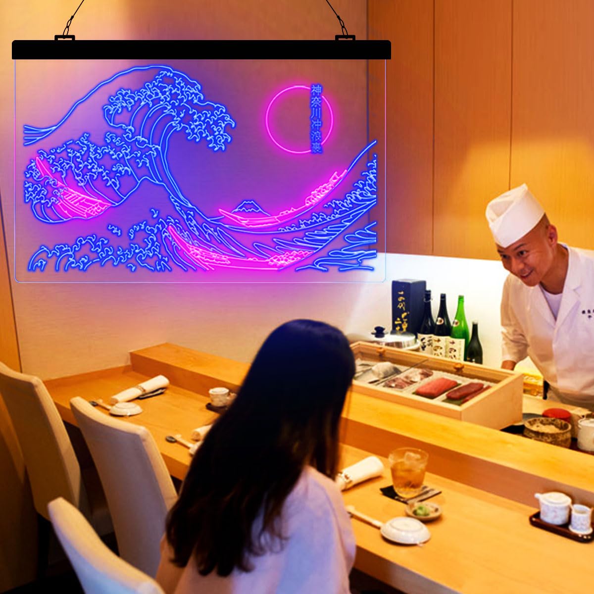 The Great Wave Off Kanagawa LED Neon Sign - Japanese Ukiyoe Art Wall Decor by Katsushika Hokusai - 12x16 Inch Blue & Pink Neon Light for Bedroom, Living Room & Office Interior Design | Modern Anime & Manga Inspired Home Decoration