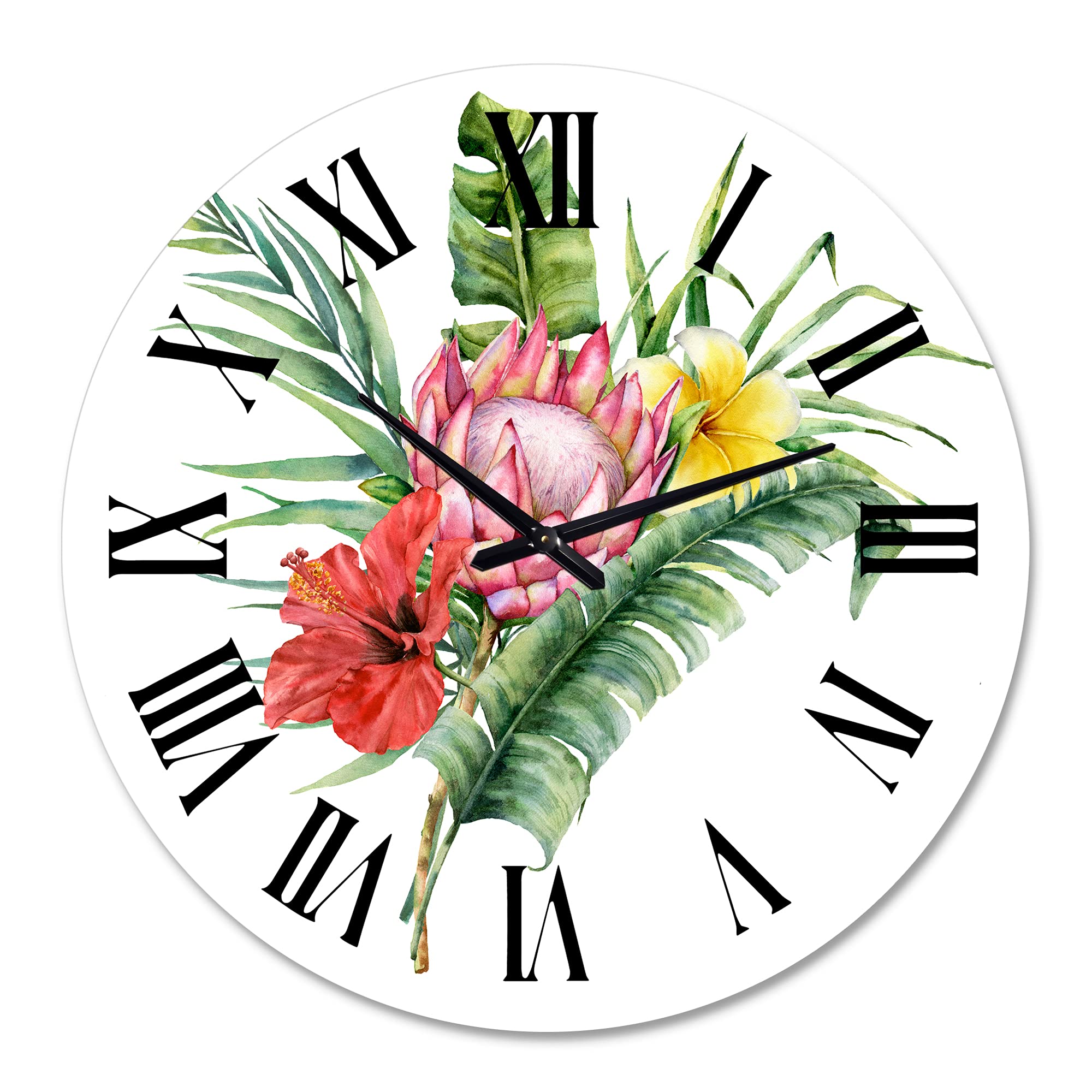 DesignQ Traditional Wall Clock - Large Floral & Botanical Wall Decor with Protea, Hibiscus, Plumeria Flowers Bouquet - Perfect for Living Room, Bedroom, or Office Decoration