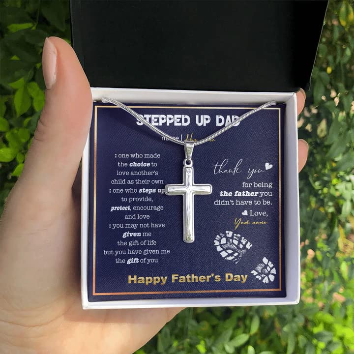 Custom Engraved Cross Necklace for Stepdad - Thoughtful Gift for Father's Day, Birthday & Bonus Dad Appreciation - Personalized Message Card Included - Perfect Gift from Son, Daughter, Stepson or Stepdaughter - Ideal for Special Occasions & Daily Wear