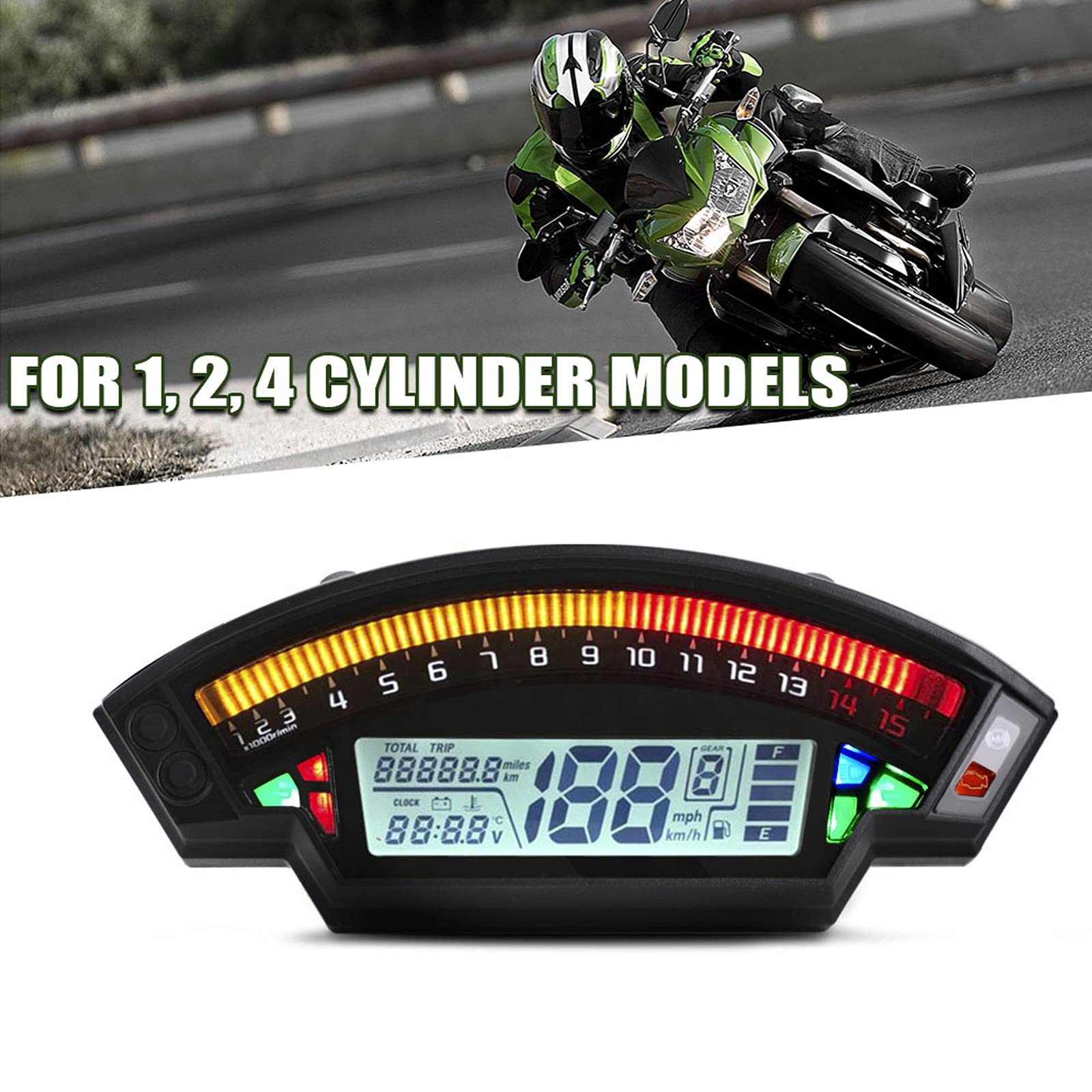 Universal Motorcycle LCD TFT Digital Speedometer Odometer - 14000RPM, 6 Gear Backlight, Compatible with 1/2/4 Cylinder Bikes | Perfect for Cruisers, Sport Bikes & Touring Motorcycles