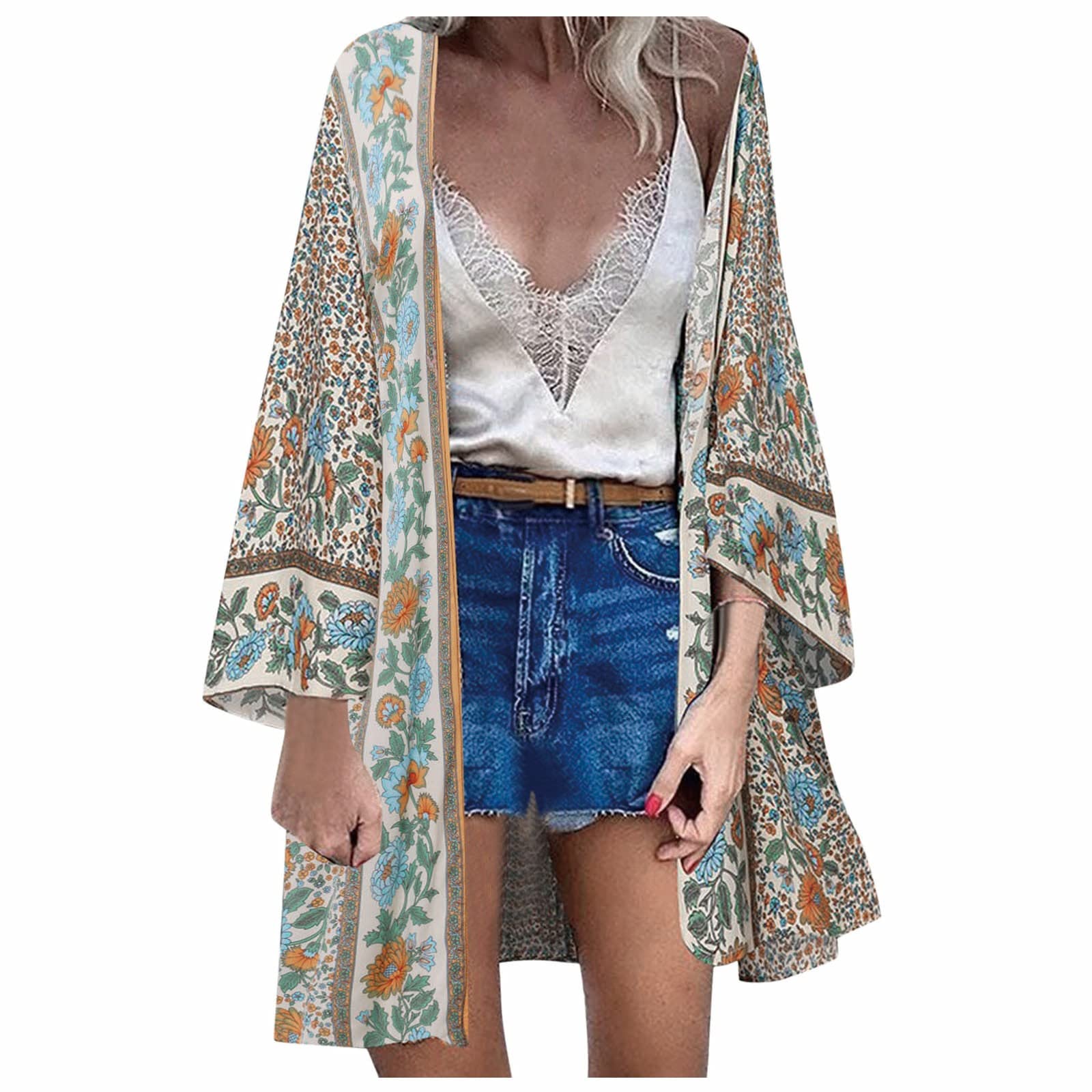 Bohemian Print Long Sleeve Loose Cardigan for Women - Beach Holiday Cover Up, Summer Tunic Dress, Casual Loungewear & Vacation Outfit
