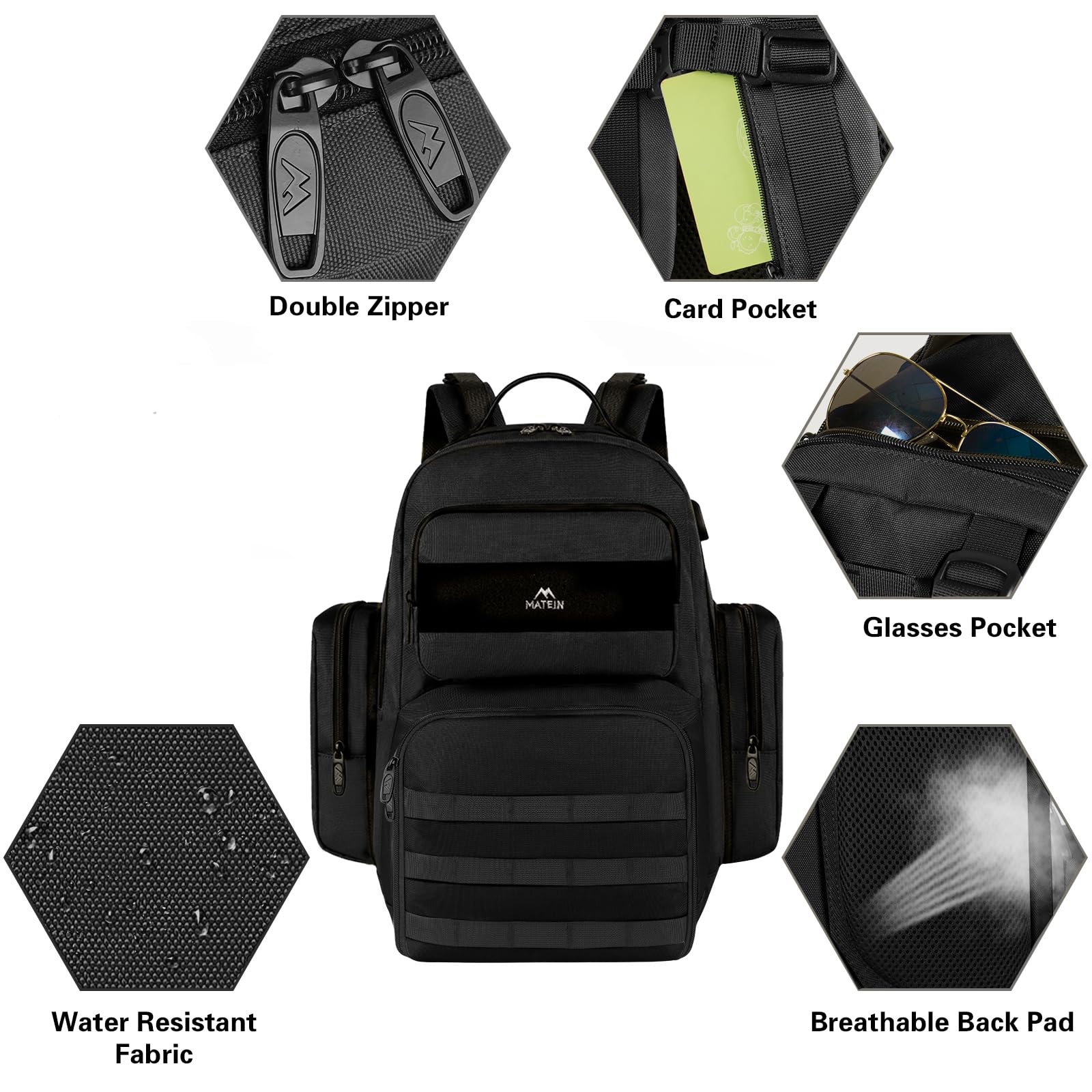 **MATEIN 15.6 Inch Tactical Backpack for Men - Insulated Lunch Compartment & Laptop Sleeve - Durable Work Backpack for Travel, Hiking, Camping, Beach & Picnic - Black**