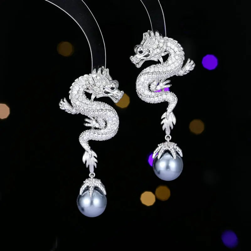2024 Fashion Cubic Zirconia Pearl Dragon Earrings for Women - Elegant Banquet & Evening Dress Jewelry Accessories - Perfect for Weddings, Parties and Special Occasions