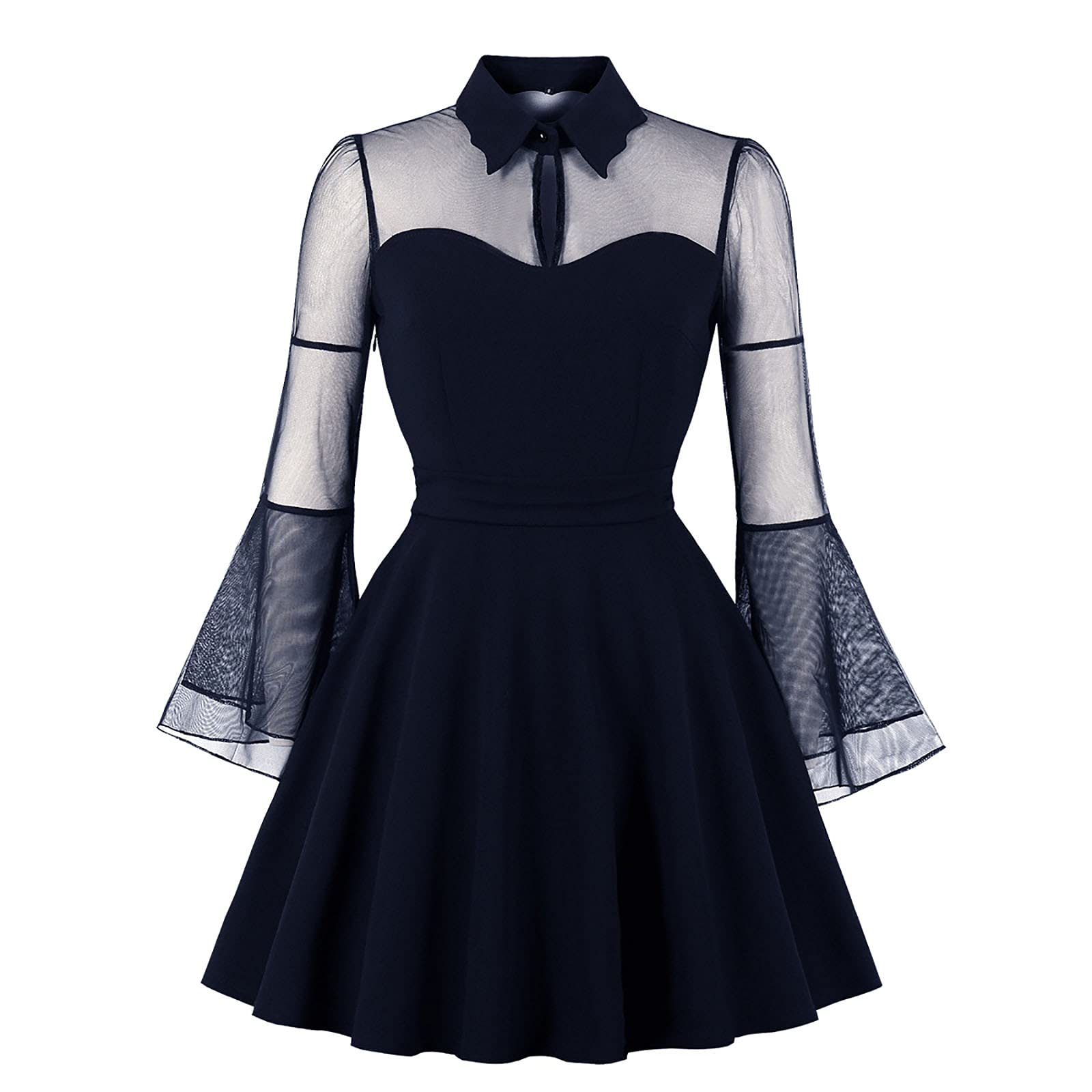 Gothic Punk Women's Shirt Dress - Vintage Lapel Wrap Midi Swing Dress for Halloween, Evening Party & Night Out | Elegant Retro Style for Concerts, Date Nights & Themed Events