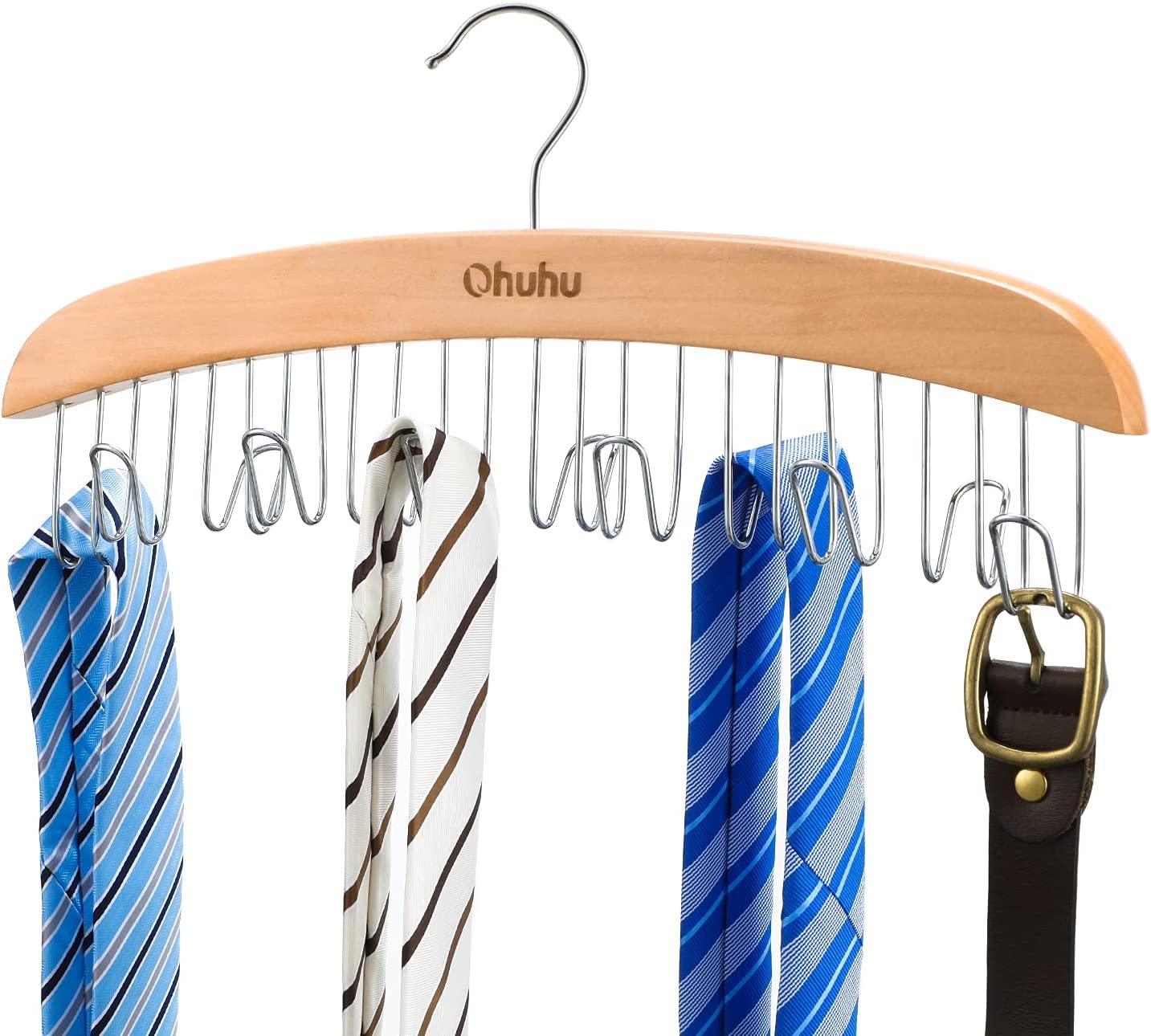 Ohuhu 360 Degree Rotating Belt & Tie Organizer - 12 Hook Wooden Closet Storage Rack for Belts, Neckties & Bow Ties - Space Saving Swivel Hanger for Bedroom, Closet & Dorm Organization
