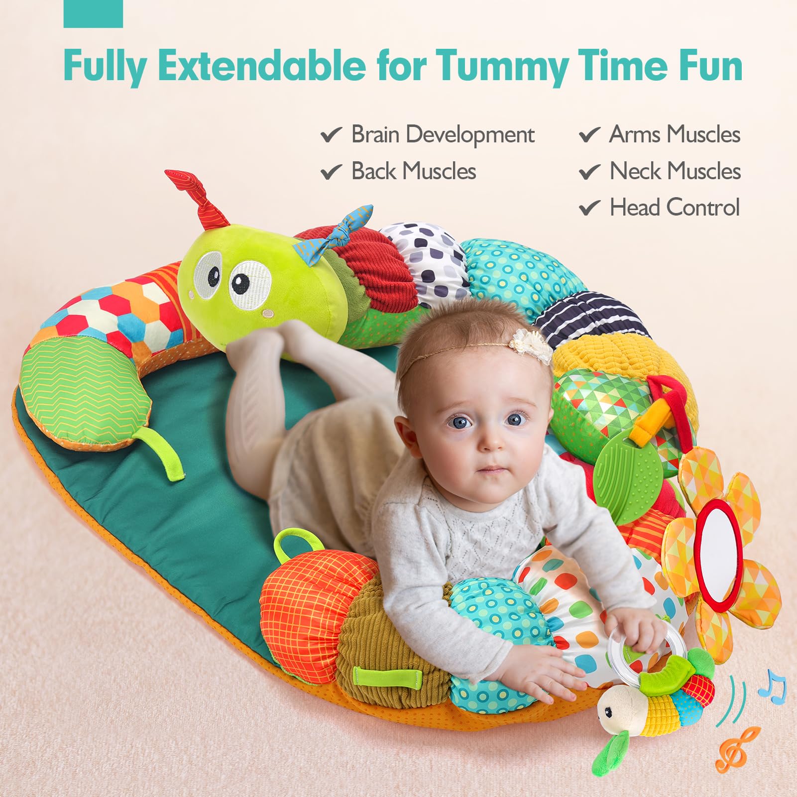 3-in-1 Caterpillar Baby Activity Playmat - Tummy Time & Seated Support Toy for Newborns 0-6 Months | Sensory Developmental Toys for Infants | Perfect Baby Shower Gift & Birthday Present for Boys & Girls | Great for Nursery Playtime & Early Learning Activities