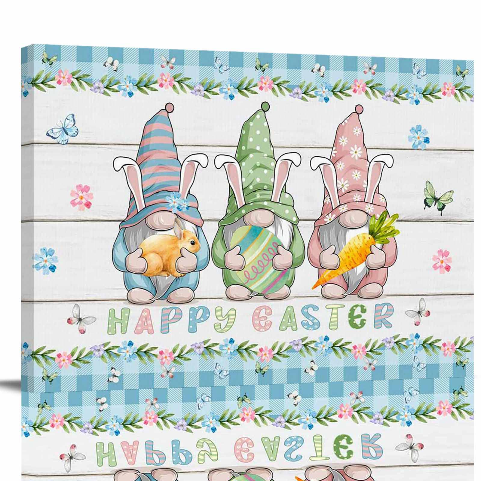 COLORSUM Easter Bunny Gnome Canvas Wall Art - Blue Buffalo Plaid Framed Painting with Easter Eggs - 36x24 Inch Ready to Hang Decor for Living Room, Bedroom, Kitchen - Perfect for Easter Home Decor & Spring Wall Art