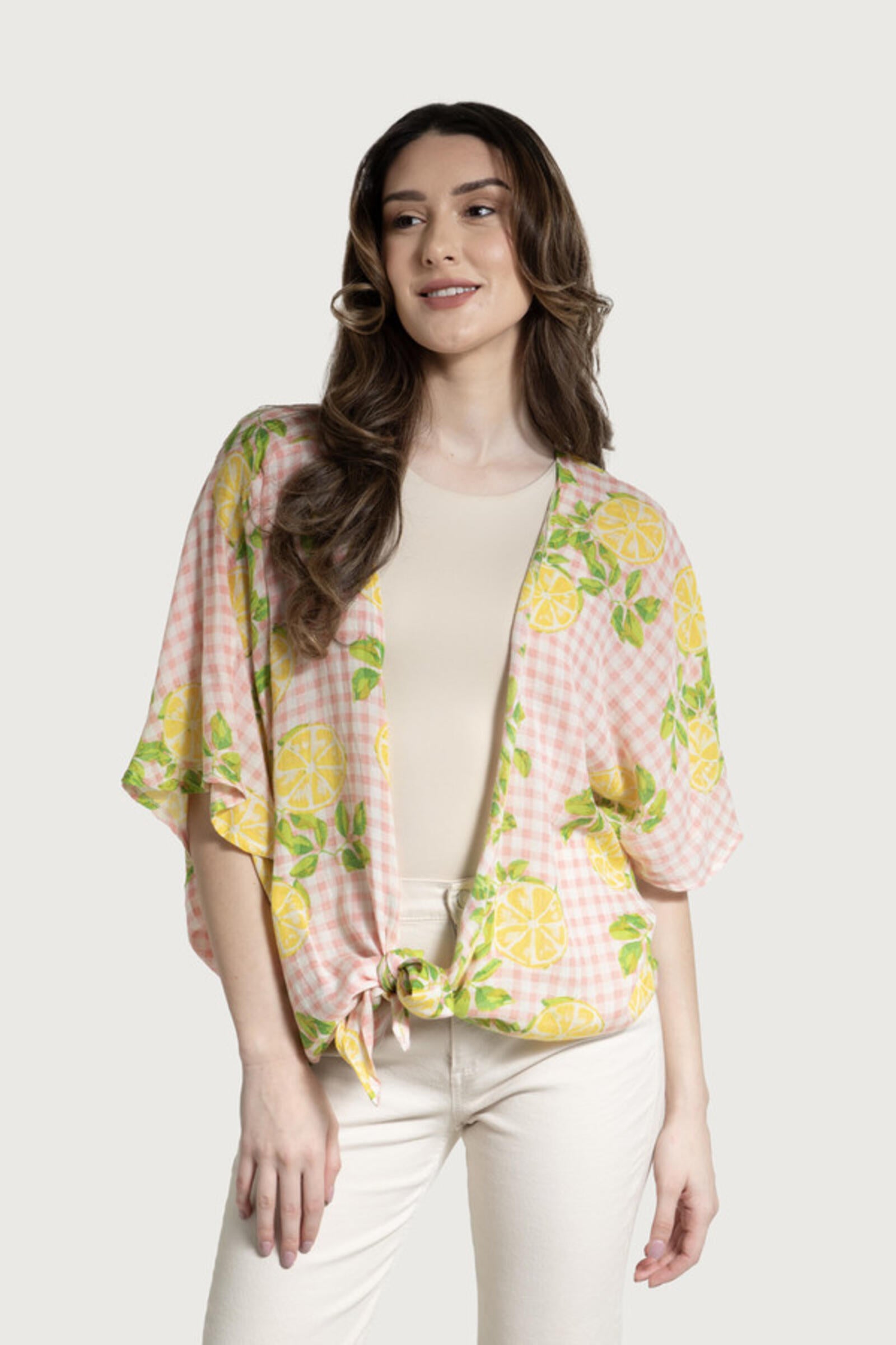 Stylish Short Tie Front Kimono in Citrus Gingham Print - Perfect for Beach Cover-ups, Summer Outfits & Boho Fashion