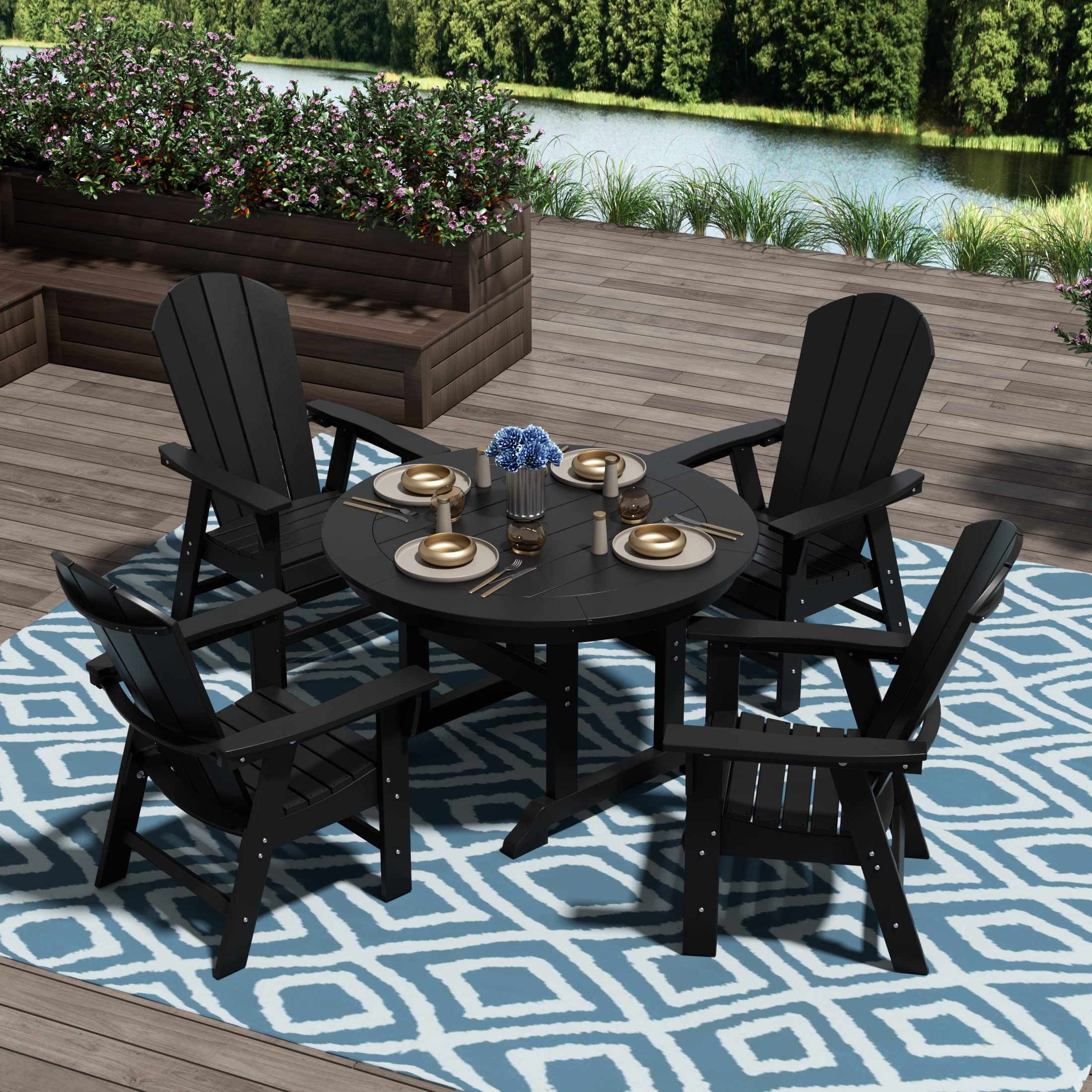 **Classic Black Adirondack Dining Chair - Traditional Retro Outdoor Lounger Seat for Patio, Poolside, Backyard & Garden - Durable Aesthetic Outdoor Furniture for Relaxing & Dining Al Fresco**
