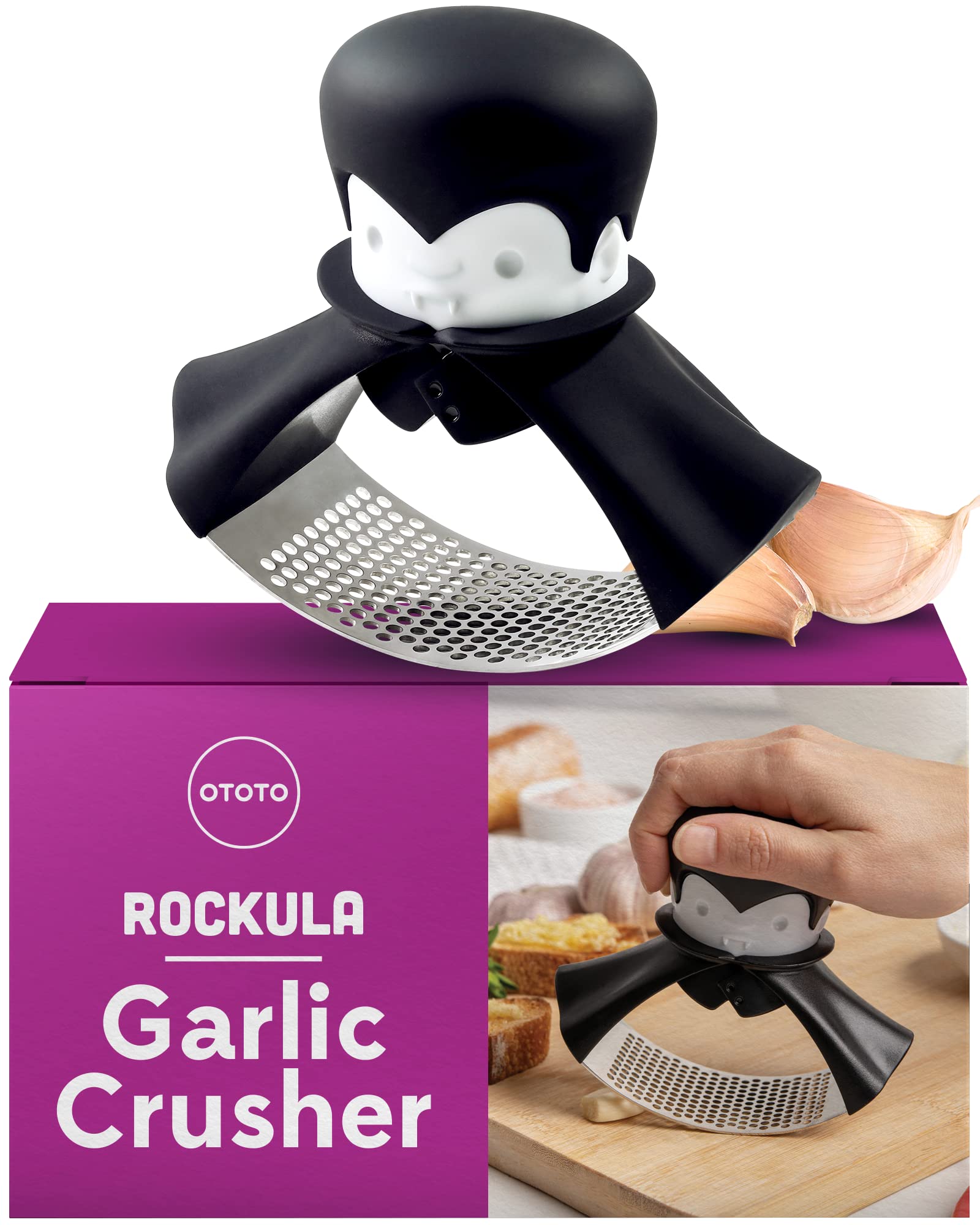 OTOTO Rockula Stainless Steel Garlic Press - Garlic Masher & Rocker for Easy Garlic Crushing - Perfect for Halloween Gifts & Kitchen Use - Dishwasher Safe & Easy to Clean - Ideal for Cooking, Baking & Spooky Party Decor