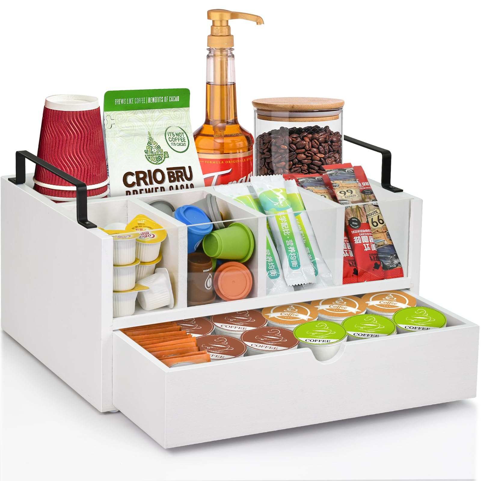 Rustic Wood Coffee Bar Organizer with Drawer - K Cup & Coffee Pods Holder with Handle - Countertop Coffee Station Accessories for Condiments & Decor - Perfect for Home, Office, or Cafe Use