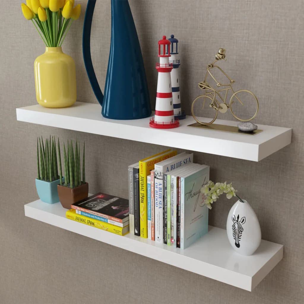 CHARMMA Floating Wall Shelf Set - 2pc MDF Storage for Books & DVDs - Living Room, Bedroom Decor