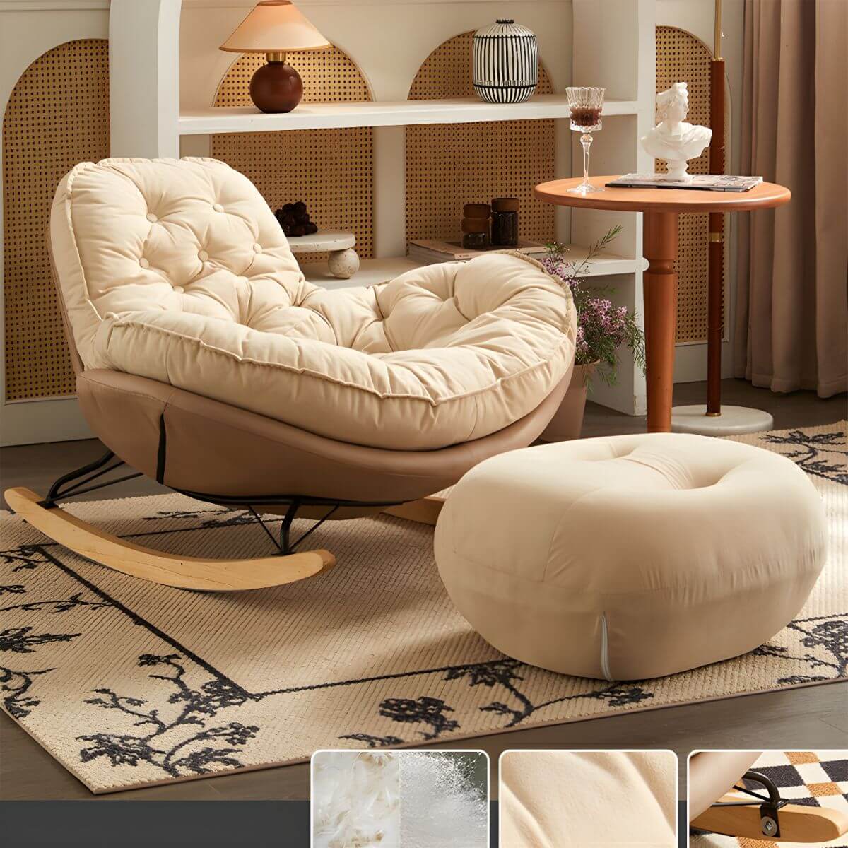 Modern Beige Upholstered Rocking Chair with Tufted Back and Solid Wood Legs - Comfortable Nursery Glider for Baby Room, Living Room or Bedroom - Perfect for Breastfeeding, Reading & Relaxing