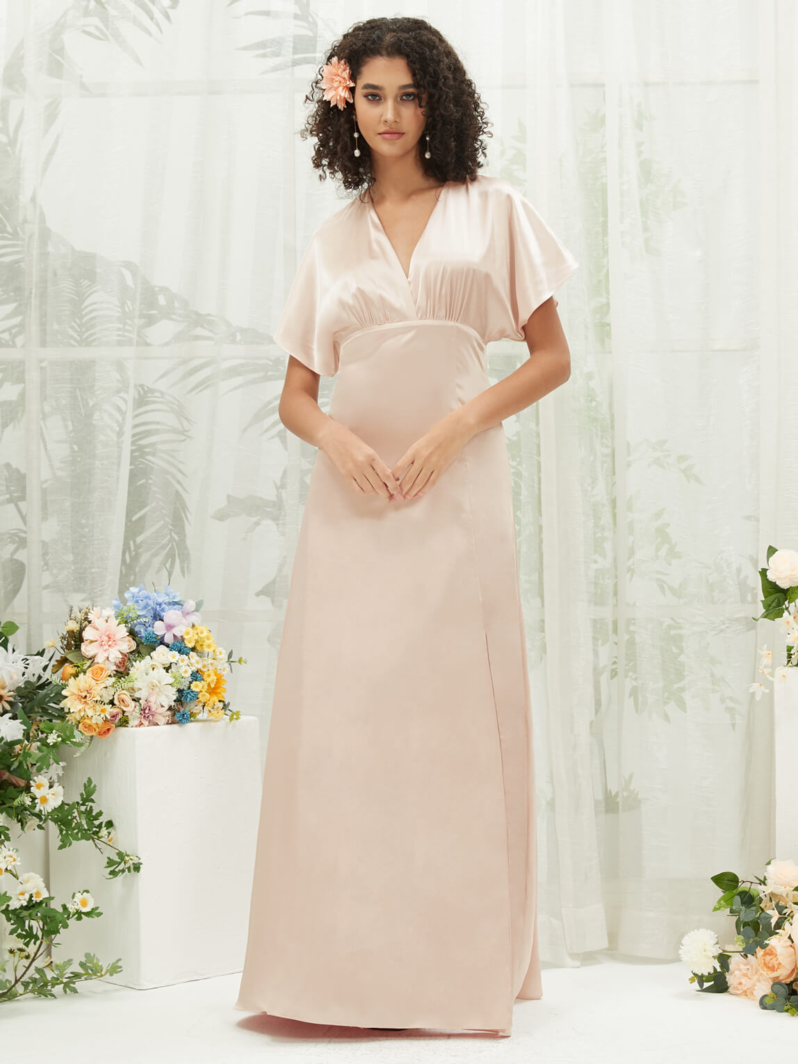Elegant Champagne V-Neck Short Sleeve Satin Maxi Bridesmaid Dress with High Slit - Perfect for Weddings, Formal Events & Evening Parties