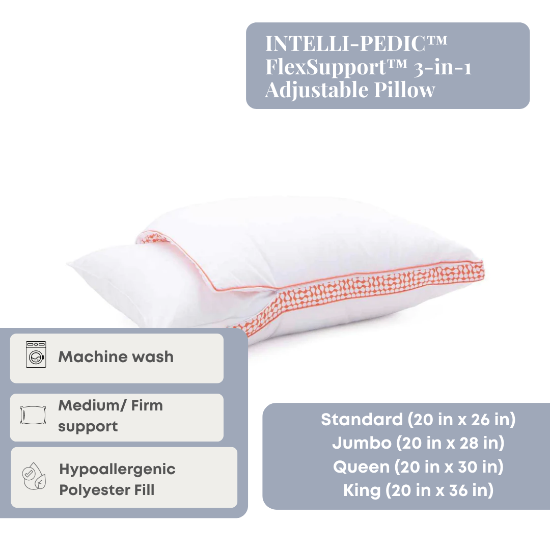 INTELLI PEDIC™ FlexSupport™ 3-in-1 Adjustable Pillow for Neck, Back & Shoulder Pain Relief - Perfect for Sleeping, Travel & Office Use