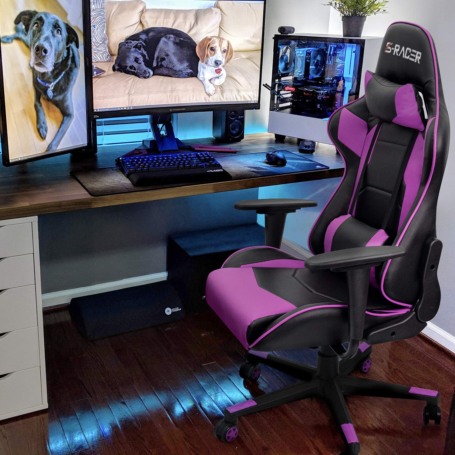 Homall Ergonomic Gaming Chair - High Back Office Chair with Adjustable Headrest & Lumbar Support, Leather Computer Desk Chair for Racing, Executive & Home Use - Perfect for Gaming, Work & Study (Violet)