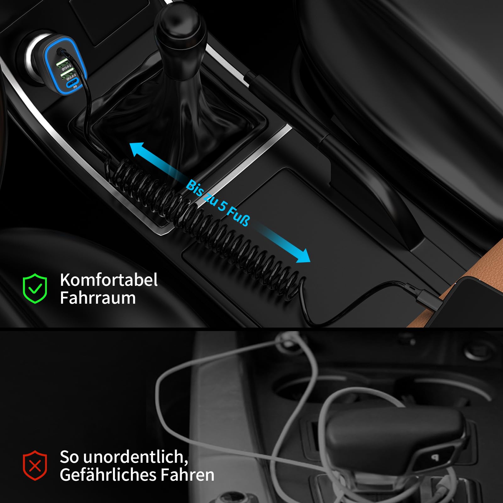 KUBOWAI 72W Car Charger USB C 4-Port Fast Charger with PD & Dual Chip, 12V/24V Cigarette Lighter Adapter with 1.5M Coiled Cable - Compatible with iPhone 15/Samsung S24 - Perfect for Road Trips & Long Drives