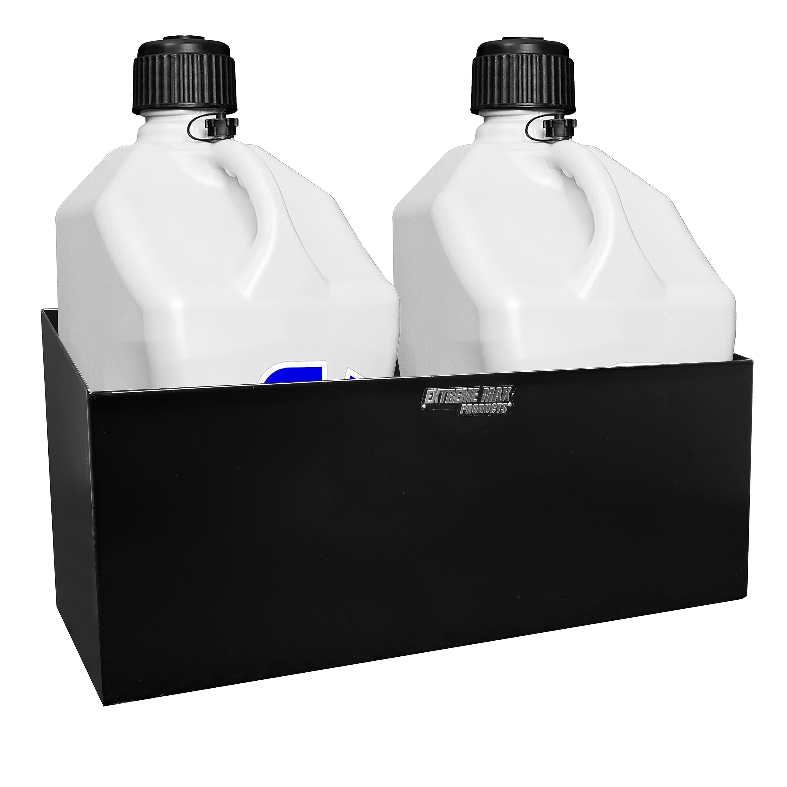 Extreme Max 5001.6154 Heavy-Duty Aluminum Dual Fuel Jug Holder - Fits Two 5 Gallon Gas Cans - Garage, Workshop & Race Trailer Storage Organizer - Black - Perfect for Automotive, Marine & Outdoor Fuel Storage