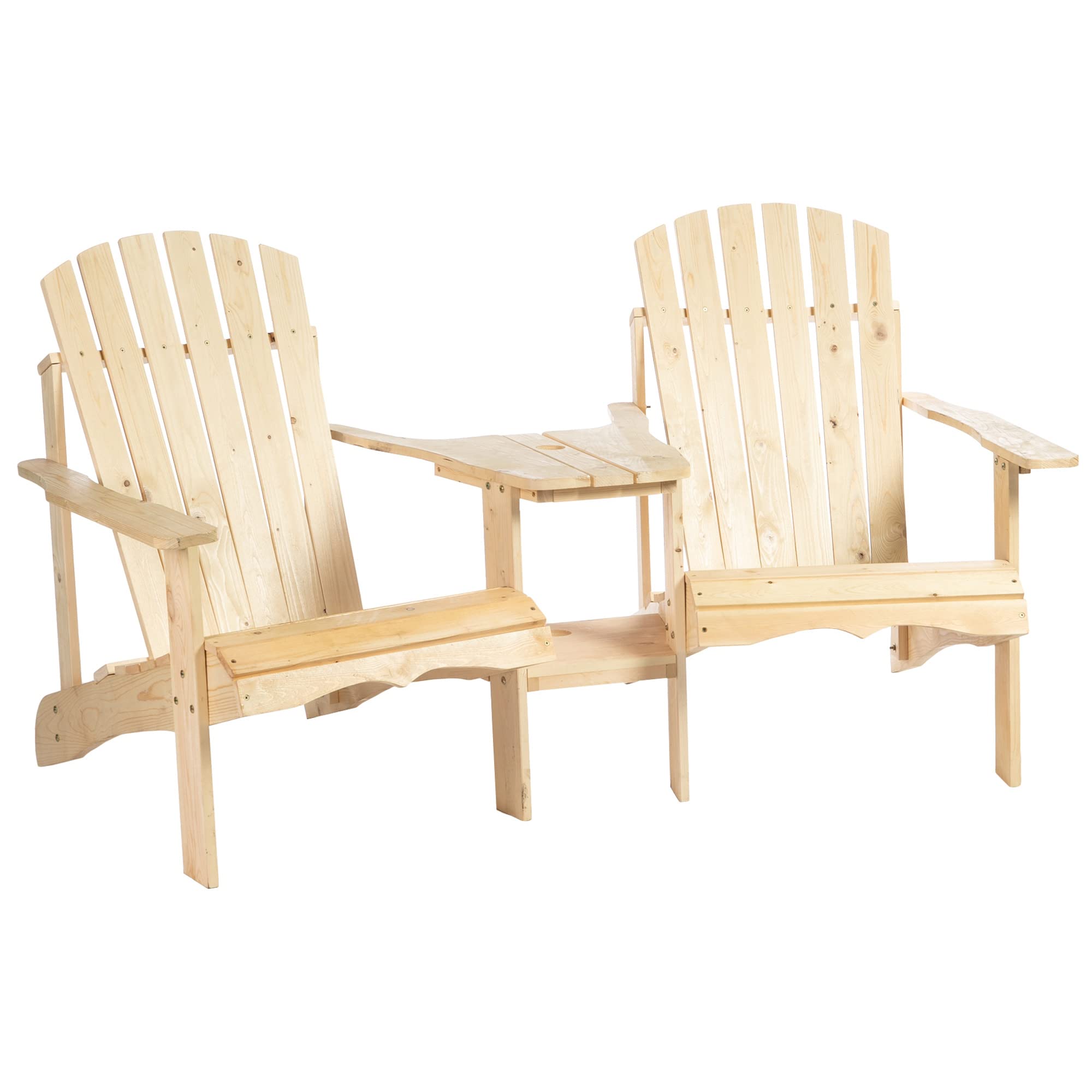 Outsunny 2-Person Wooden Adirondack Chairs Set with Fire Pit Table & Umbrella Hole - Natural Patio Furniture for Deck, Lawn, Poolside, Backyard Relaxation & Outdoor Gatherings