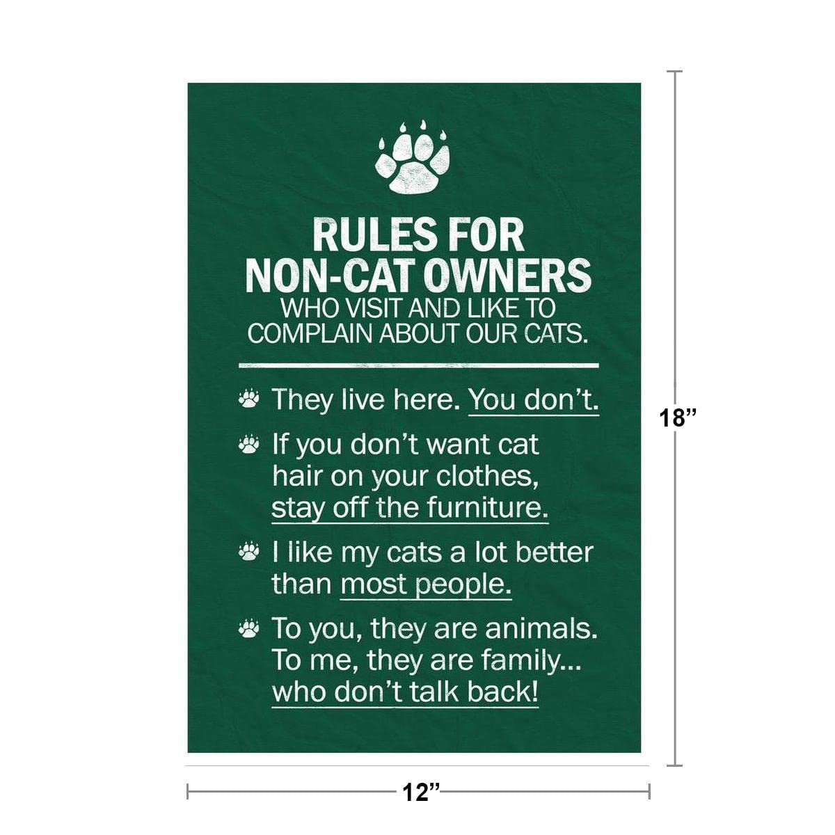 Funny Cat Rules Poster for Non Cat Owners - Motivational & Inspirational Kitten Wall Art Print 12x18 - Perfect for Home, Office & Gifts
