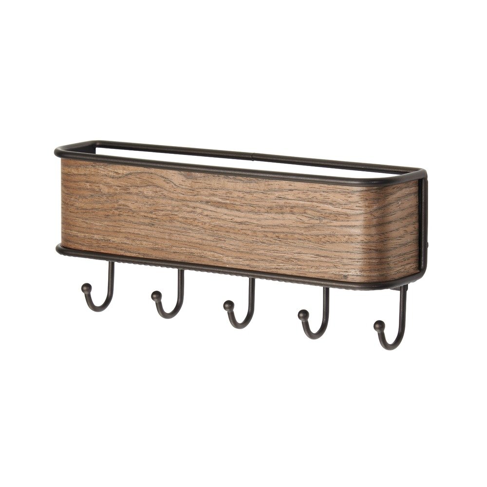 InterDesign RealWood Wall Mounted Mail Organizer & Key Holder - Bronze/Walnut Wooden Letter Shelf with Hooks for Home Office Entryway Organization | Perfect for Apartments, Houses & Workspaces