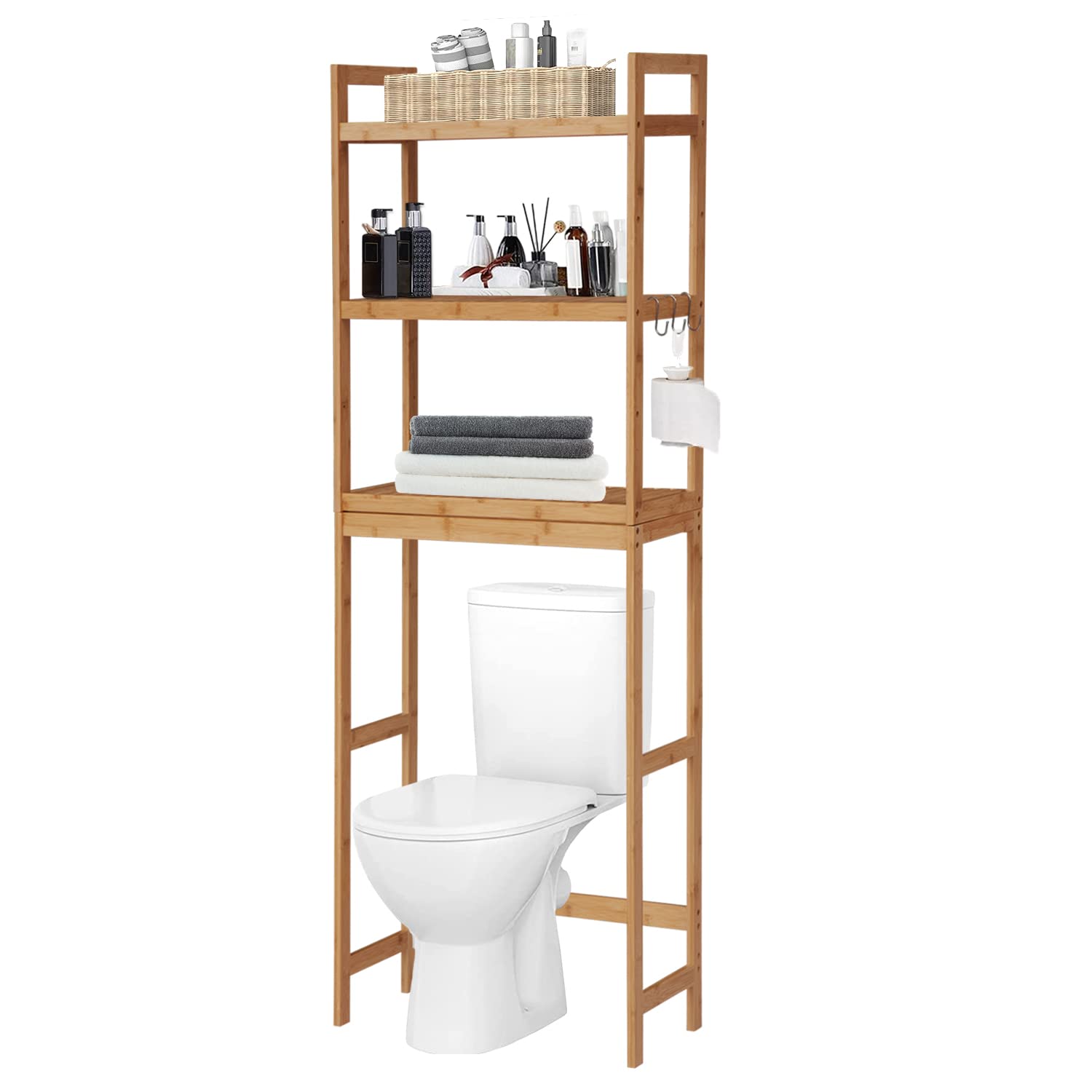 Kinbor 3-Tier Bamboo Over The Toilet Storage Organizer - Freestanding Bathroom Shelf with 6 Hooks, Space Saving Solution for Small Bathrooms, Laundry Rooms & Restrooms - Perfect for Storing Towels, Toiletries & Cleaning Supplies