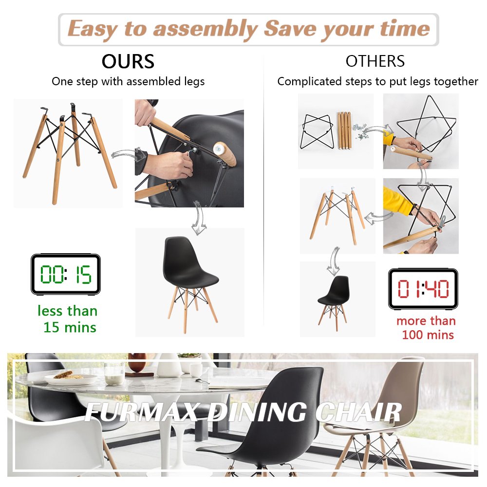 Furmax Pre-Assembled Modern Dining Chairs Set of 4 - Mid Century Modern DSW Shell Lounge Plastic Chairs for Kitchen, Dining Room, Bedroom & Living Room - Comfortable Side Chairs (Black) | Perfect for Small Spaces, Apartments & Contemporary Home Decor