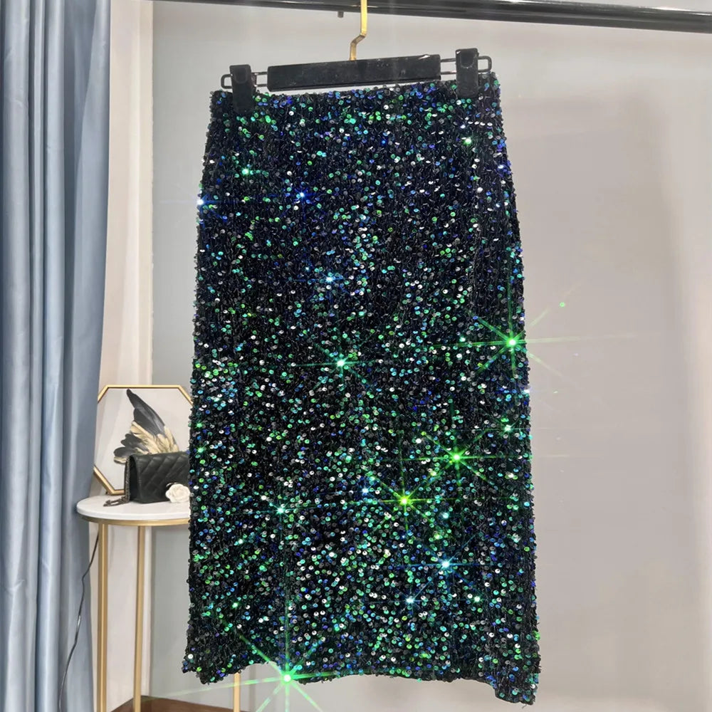 French High Waisted Slim Skirt for Women - Shiny Black Sequin Mid-Length Skirt with Side Split, Thickened Hip Design & All-Match Styling | Perfect for Parties, Date Nights & Evening Events
