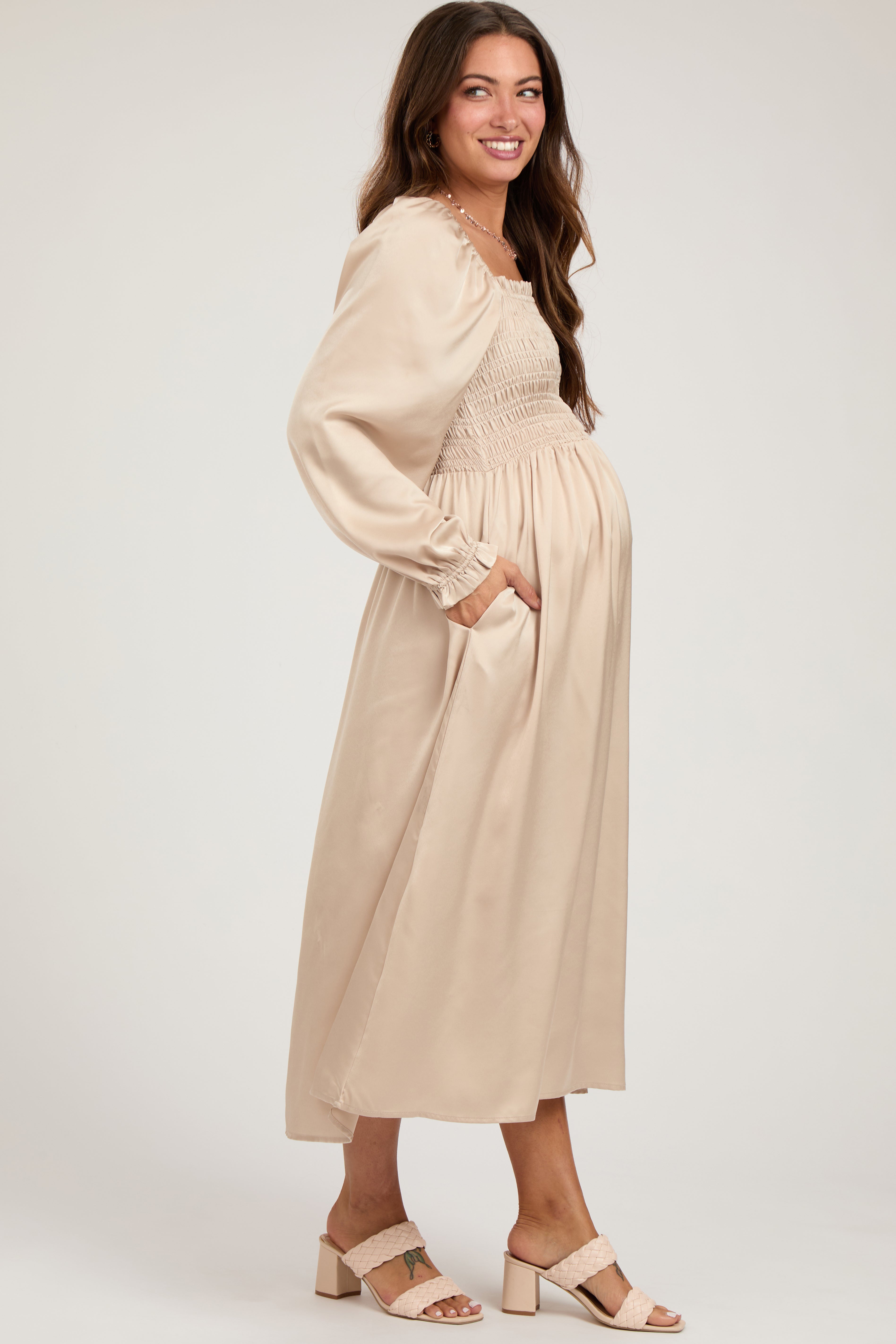 Beige Smocked Square Neck Satin Maternity Midi Dress for Pregnancy Photos, Baby Showers & Special Occasions