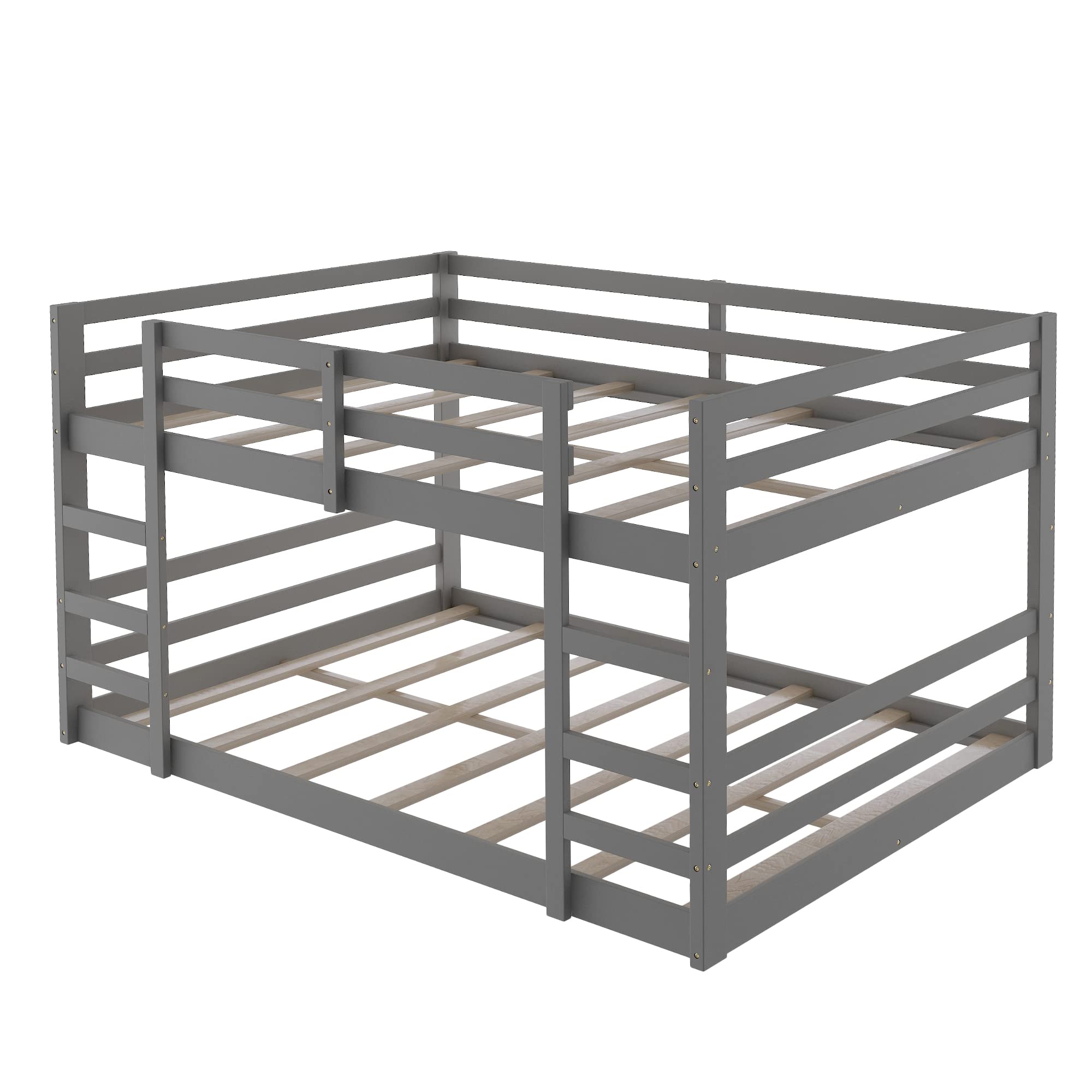 P PURLOVE Full Over Full Wooden Bunk Bed for Kids & Teens - Low Profile Loft Bed with Wood Slats Support (No Box Spring Needed) - Perfect for Small Bedrooms, Dorms, and Shared Kids' Rooms
