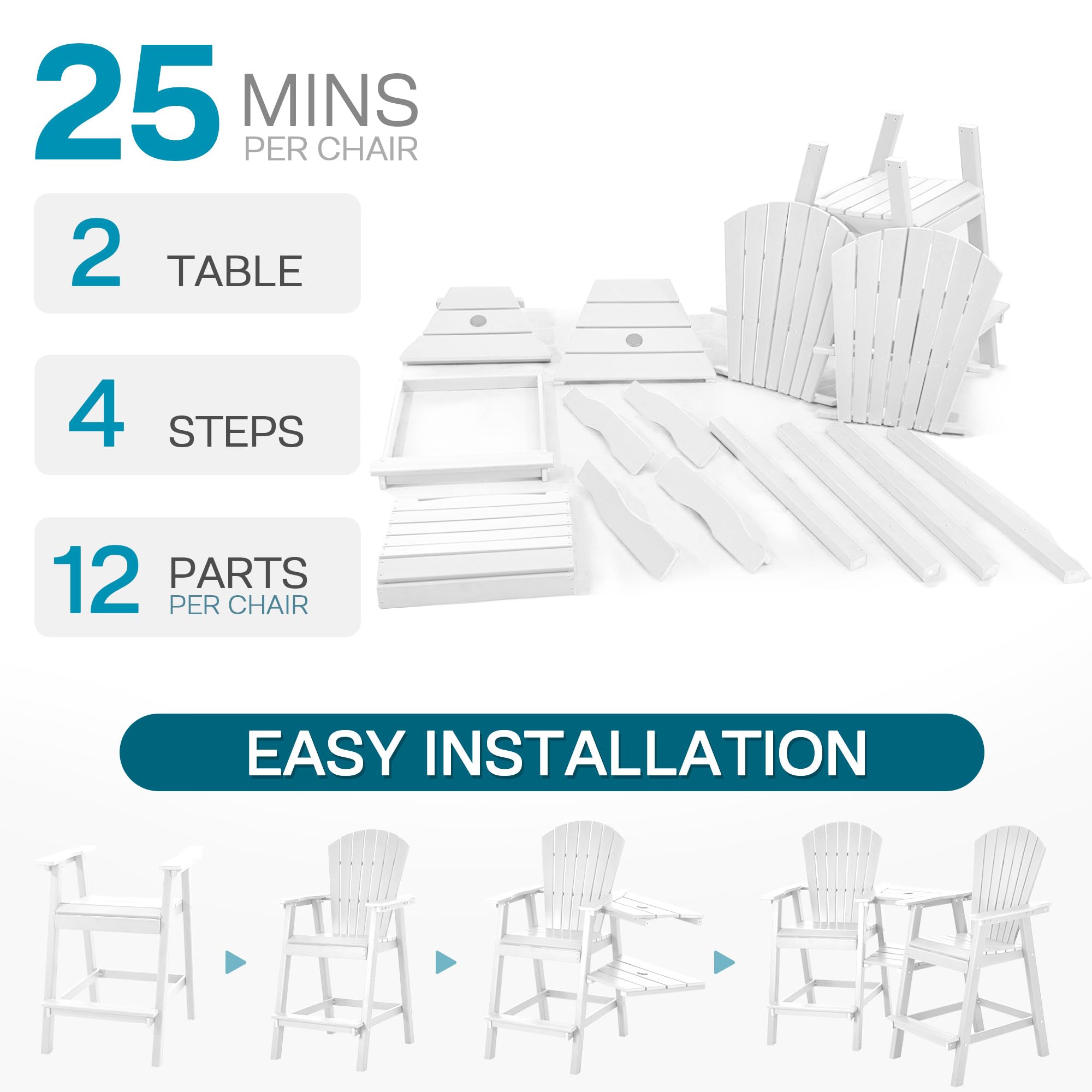 Premium HDPE Tall Adirondack Chairs Set of 2 - Weather-Resistant Outdoor Bar Stools with Double Connecting Tray for Patio, Deck, Backyard & Balcony - Perfect for Relaxing, Entertaining & Outdoor Dining (White)