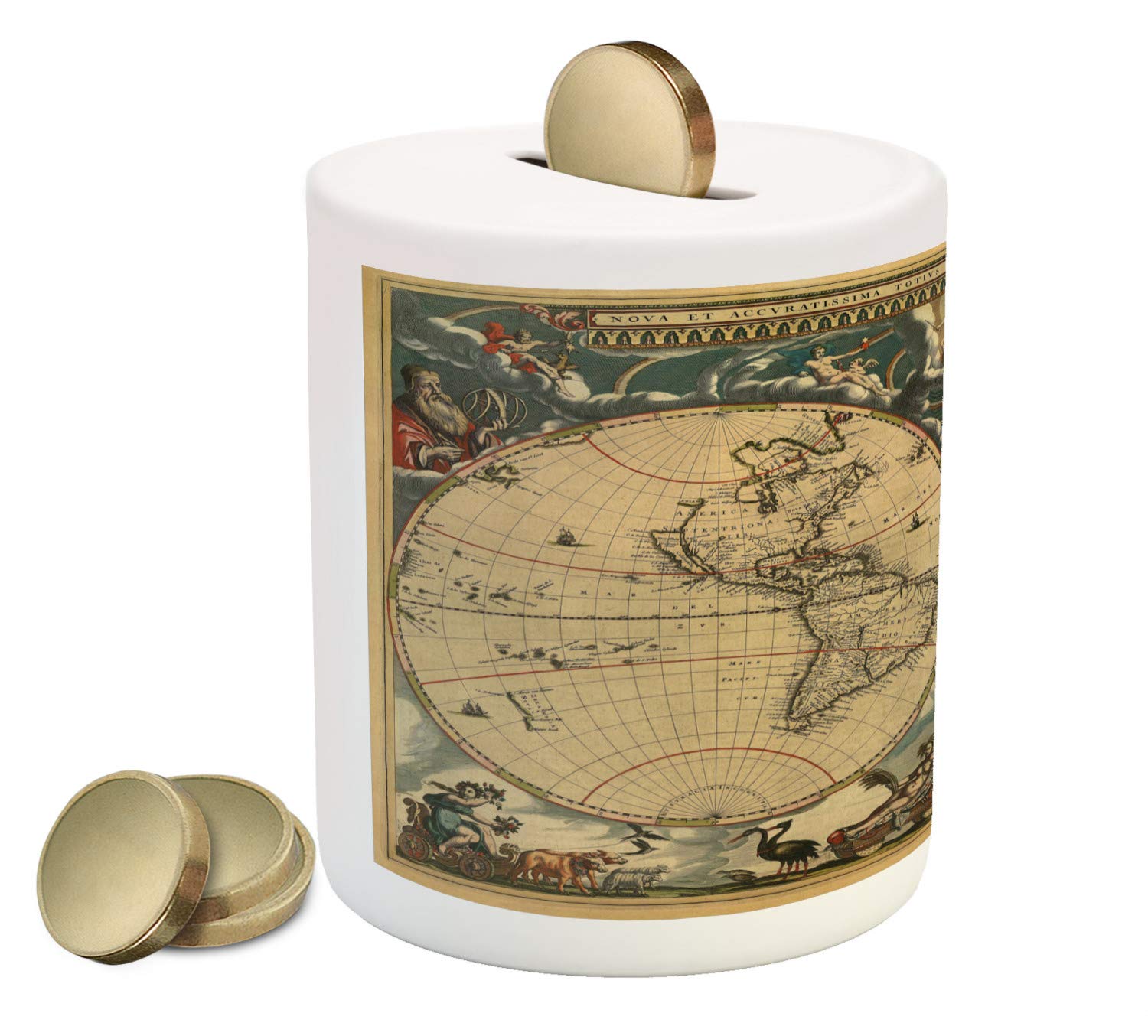 Ambesonne Vintage Piggy Bank - Antique World Map Design Ceramic Coin Bank for Cash Saving, Multicolor | Perfect Gift for Collectors & History Enthusiasts