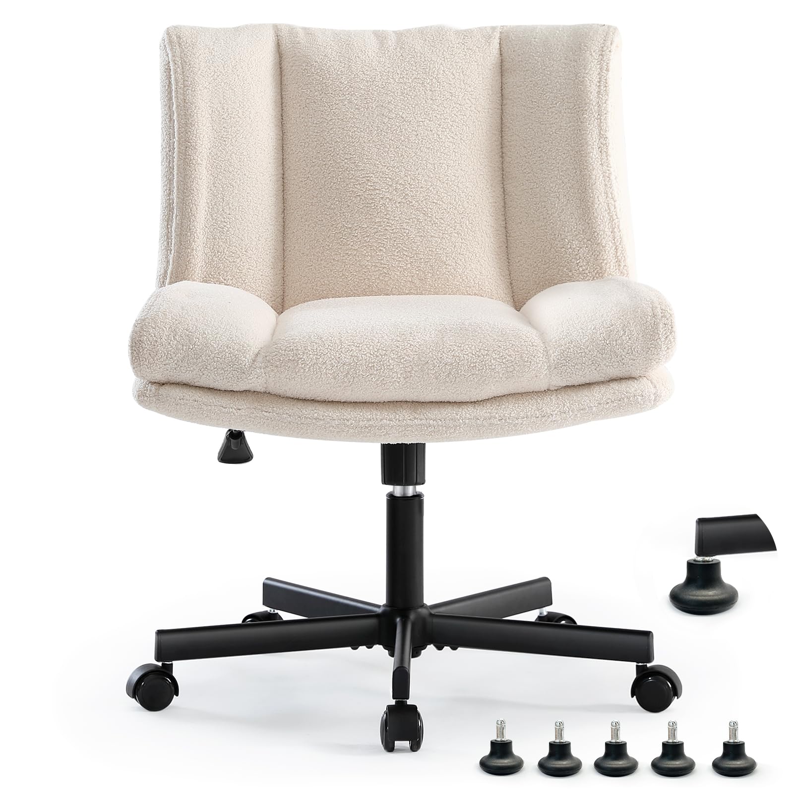 LEAGOO Criss Cross Chair with Wheels - Furry Armless Desk Chair, Comfy Wide Seat Cross Legged Office Chair - Height Adjustable Swivel Vanity Chair for Home Office, Makeup, Gaming & Reading - Cream White