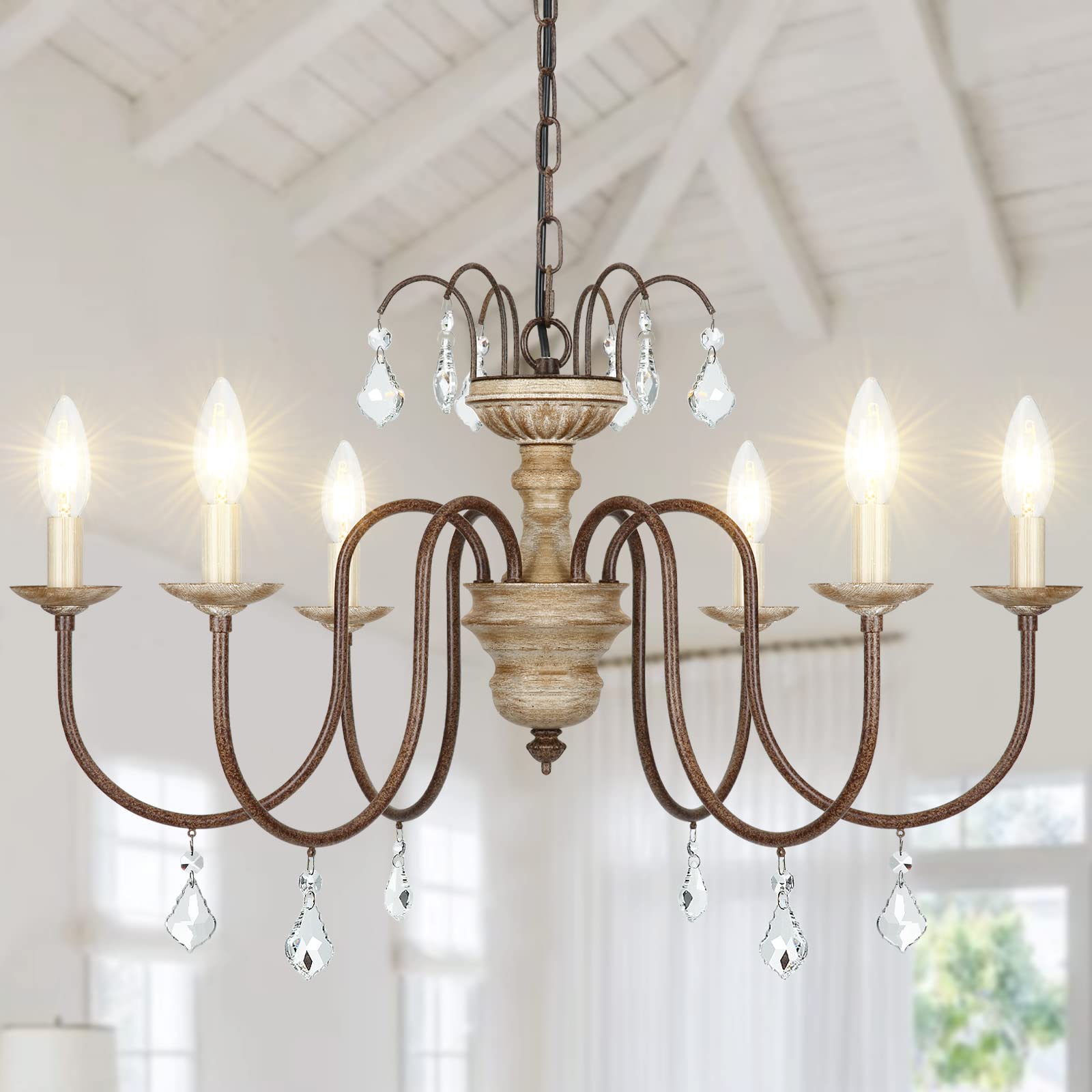 6-Light French Country Farmhouse Chandelier - Rustic Vintage Wood & Crystal Pendant Ceiling Light Fixture for Dining Room, Living Room, Bedroom, Kitchen, Foyer - 28 Inch Diameter | Perfect for Farmhouse, Cottage & Vintage Home Decor