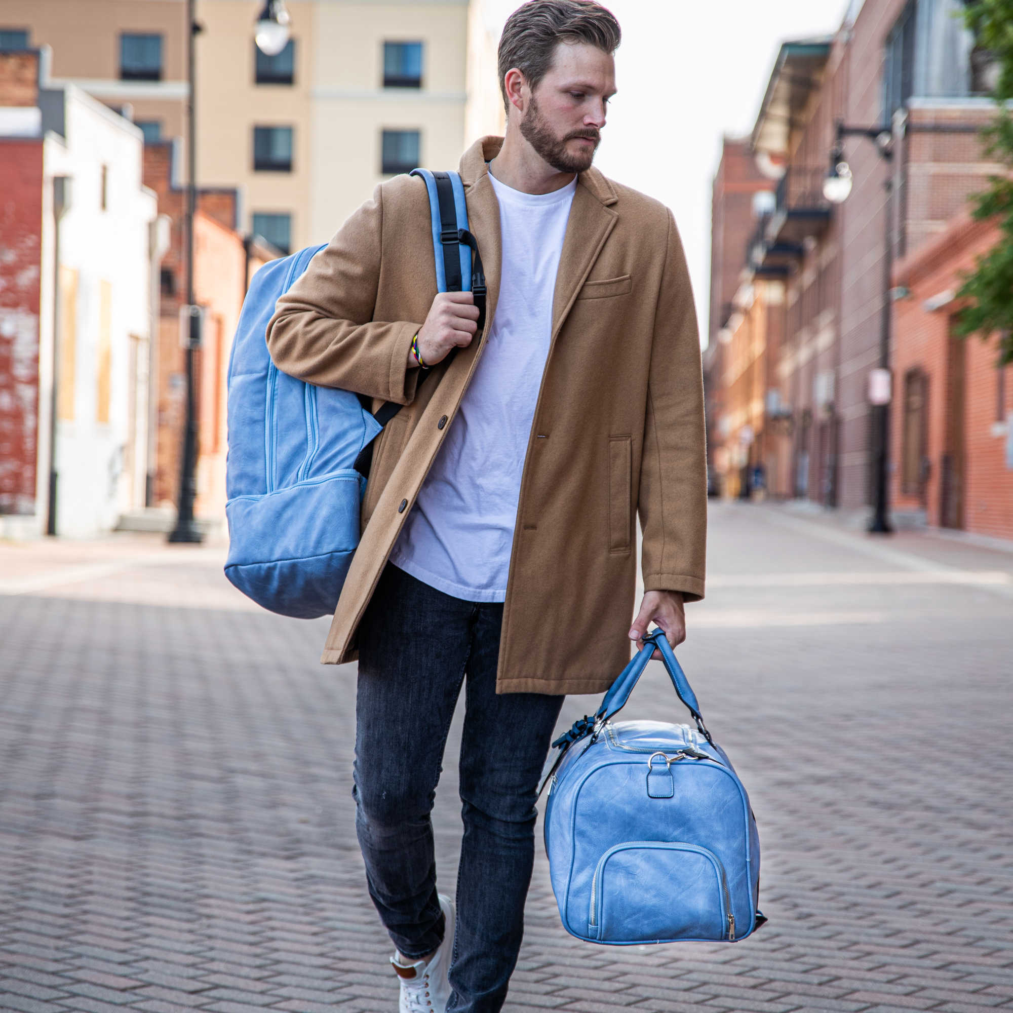 Premium Baby Blue Leather Carry-On Backpack - Patented Signature Design for Travel & Business - Perfect for Airplane, Commuting & Weekend Getaways