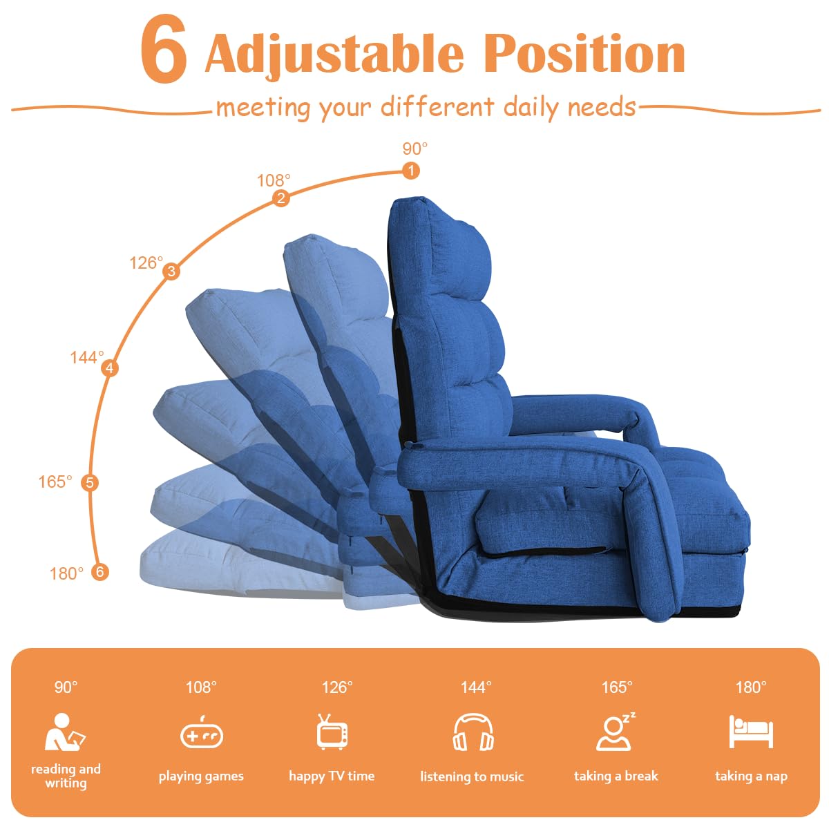 6-Position Adjustable Floor Gaming Chair with Pillow & Armrests - Foldable Padded Chaise Lounge for Teens, Adults & Pets - Perfect for Meditation, Relaxing & Gaming - Blue