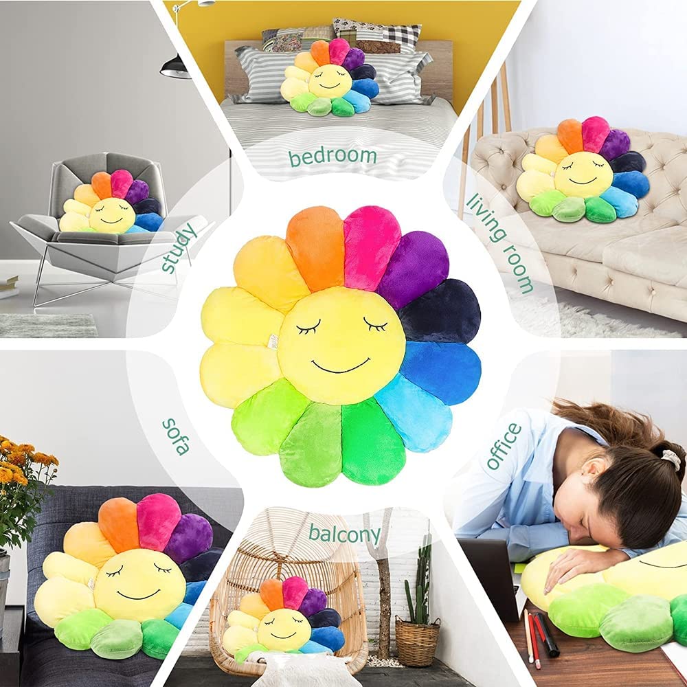Rainbow Plush Sunflower Throw Pillow with Smiley Face - 60x60cm Soft Floor Cushion for Home Decor, Living Room, Bedroom & Sofa - Perfect for Reading Nook, Lounge Area and Cozy Decorations (Black)