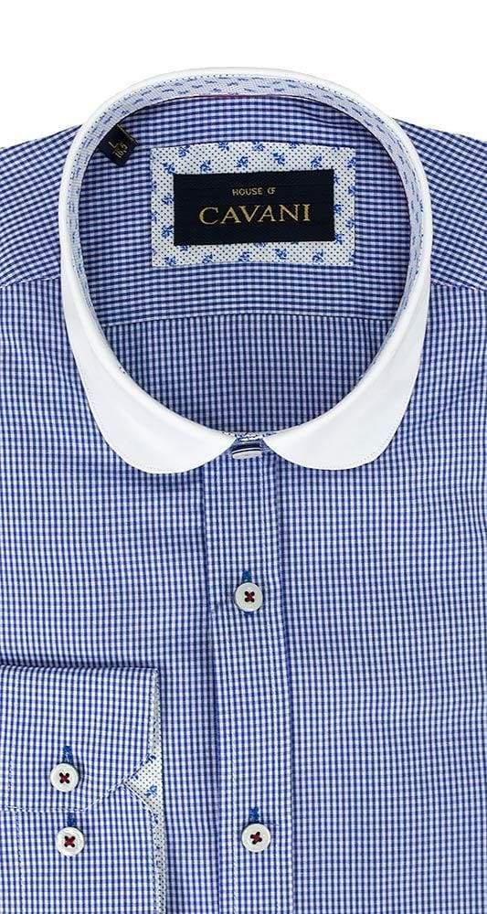 Cavani Men's Royal Blue Gingham Check Formal Shirt - Round Collar Peaky Blinders Style for Business, Office & Wedding Occasions