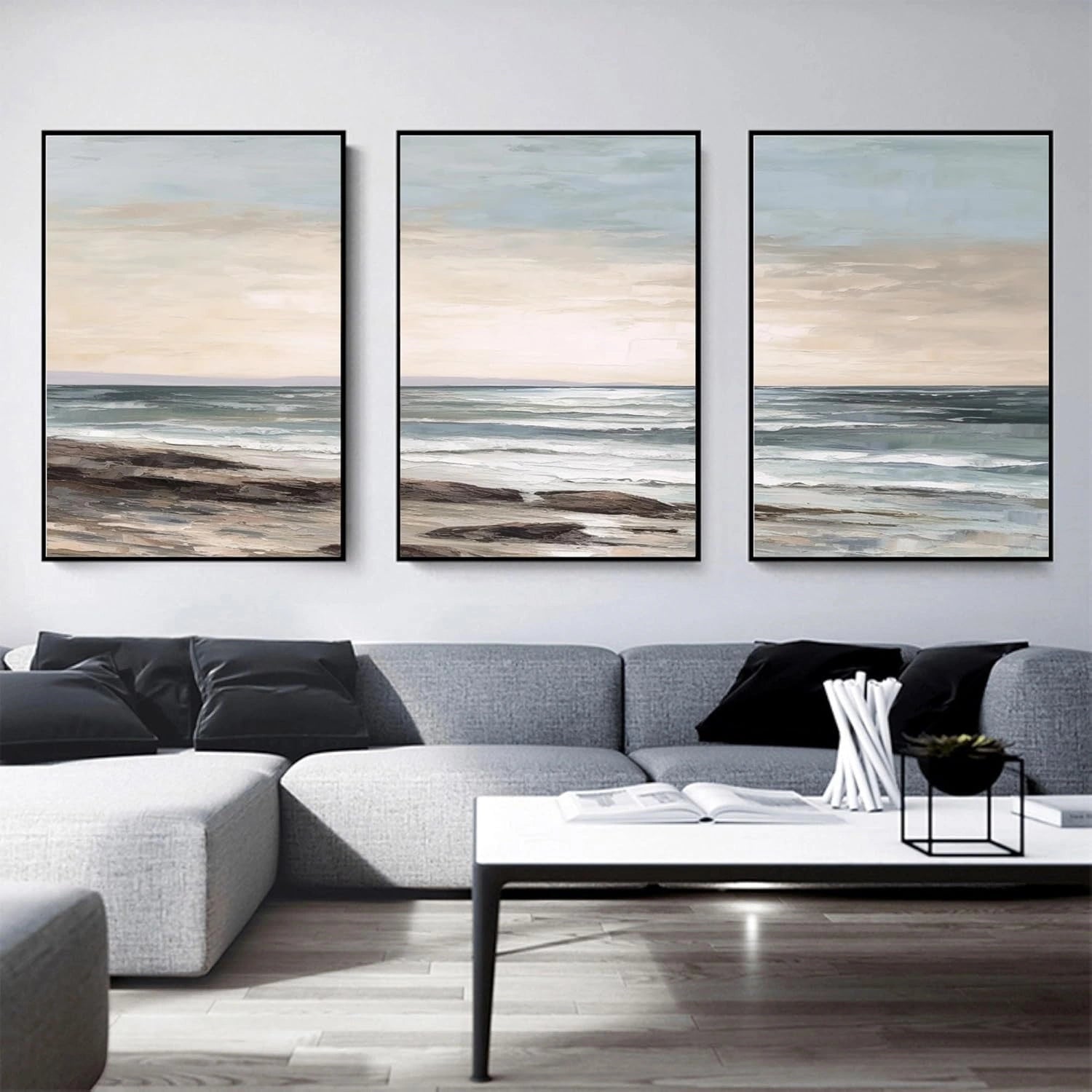 Ocean and Sky Painting Set of 3 - Coastal Wall Art Decor for Living Room, Bedroom, Office | Modern Seascape Canvas Prints | Home & Office Wall Decor