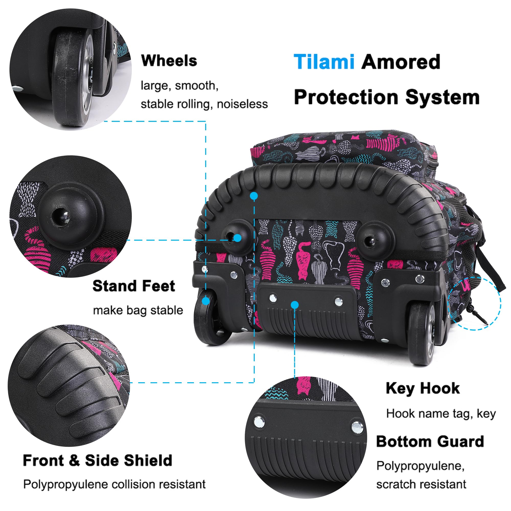 Tilami 19 Inch Rolling Backpack with Lunchbox - Wheeled Laptop Backpack for School & Travel - Durable Cat Black Design for Students & Professionals