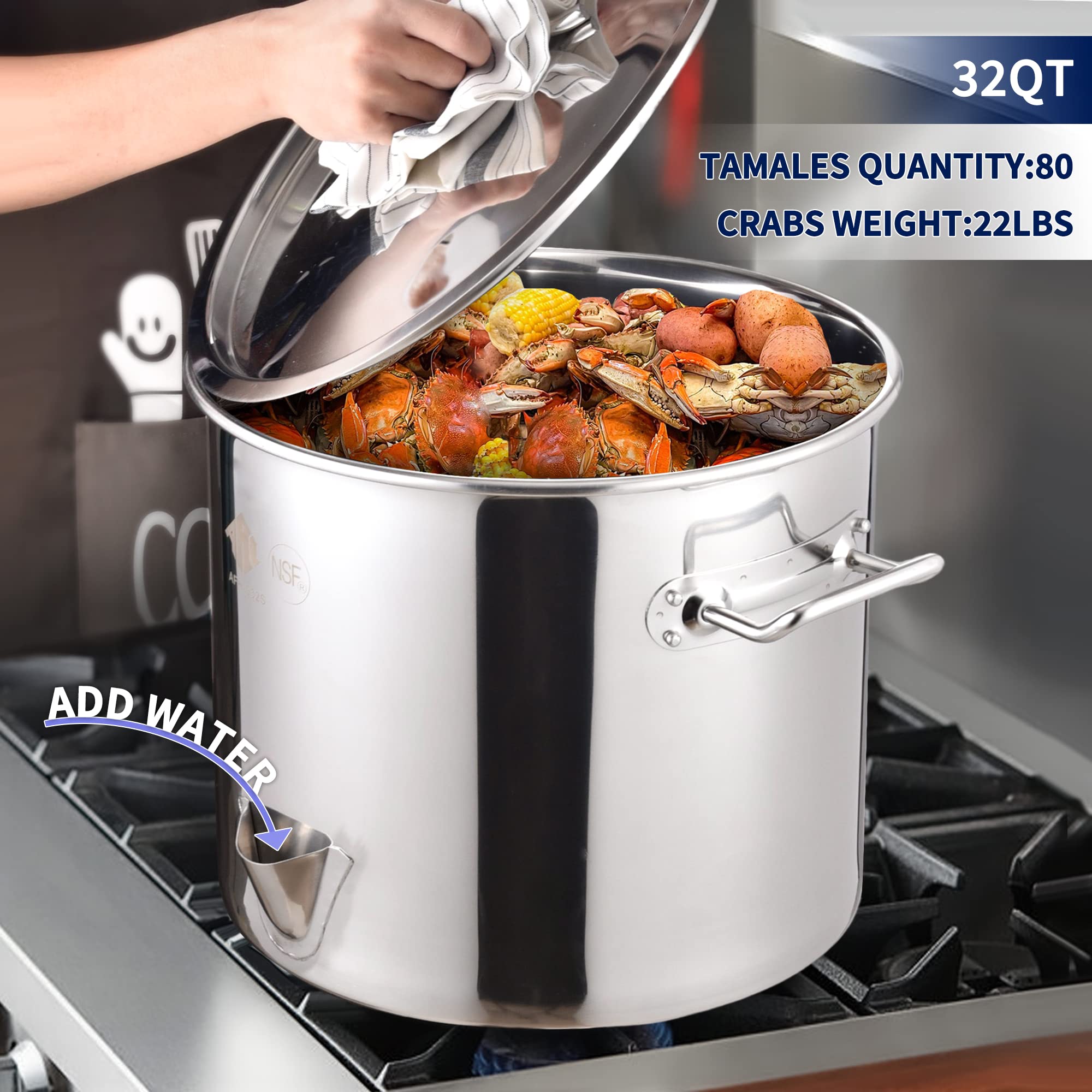 32QT Stainless Steel Tamale Steamer Pot with Easy-Fill Water Spout - Seafood Crab Steamer with Divider & Steamer Rack - 8 Gallon Capacity for Tamales, Seafood Boils, Vegetables & Large Batch Cooking