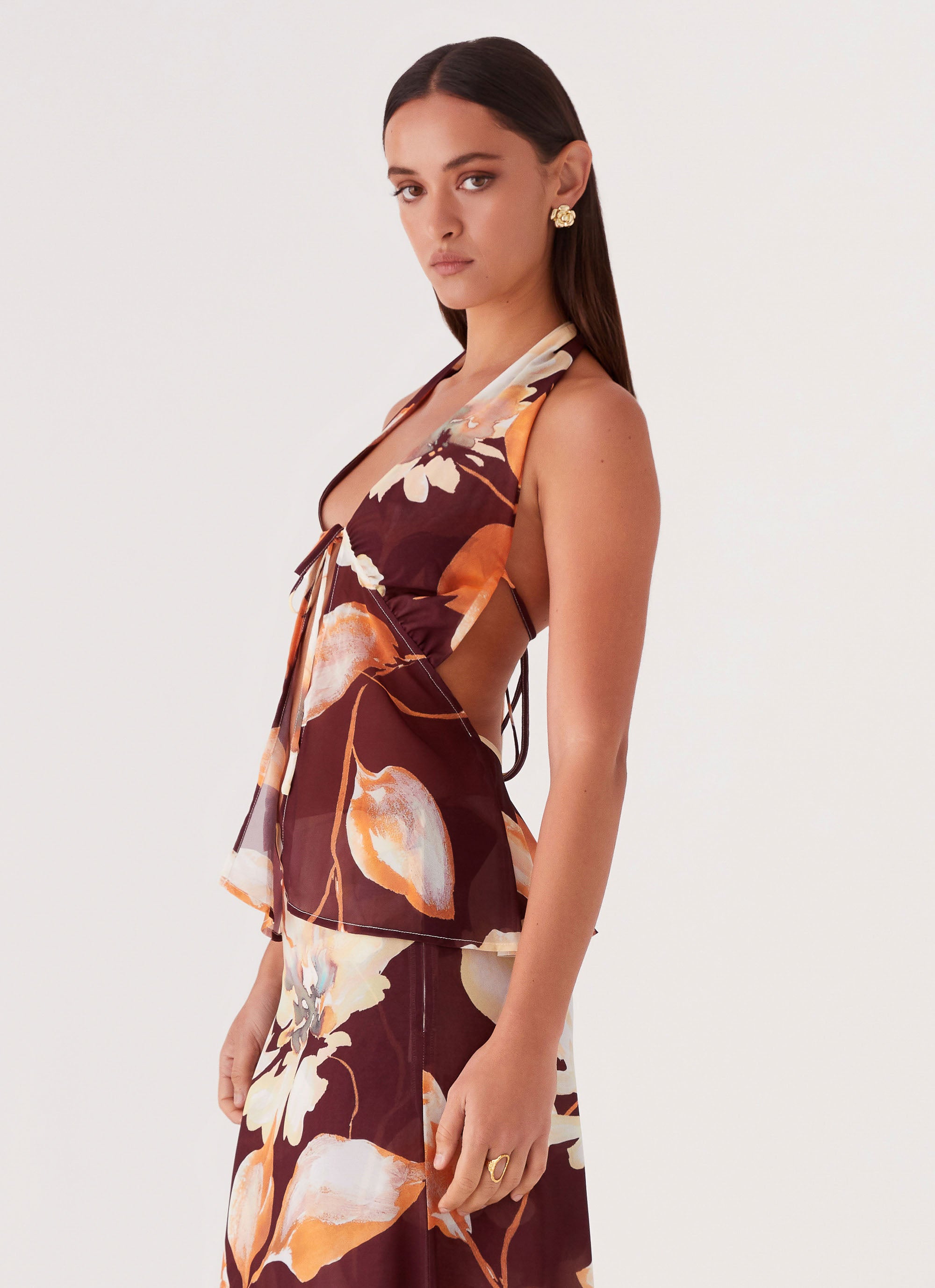 Camellia Halterneck Top - Brown Floral Print Women's Summer Tops | Casual Beachwear & Vacation Outfit for Boho Style