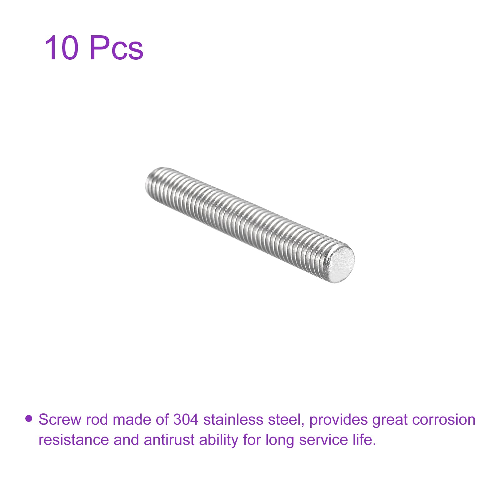 10Pack M8x60mm 304 Stainless Steel Threaded Rods - for DIY & Construction Projects